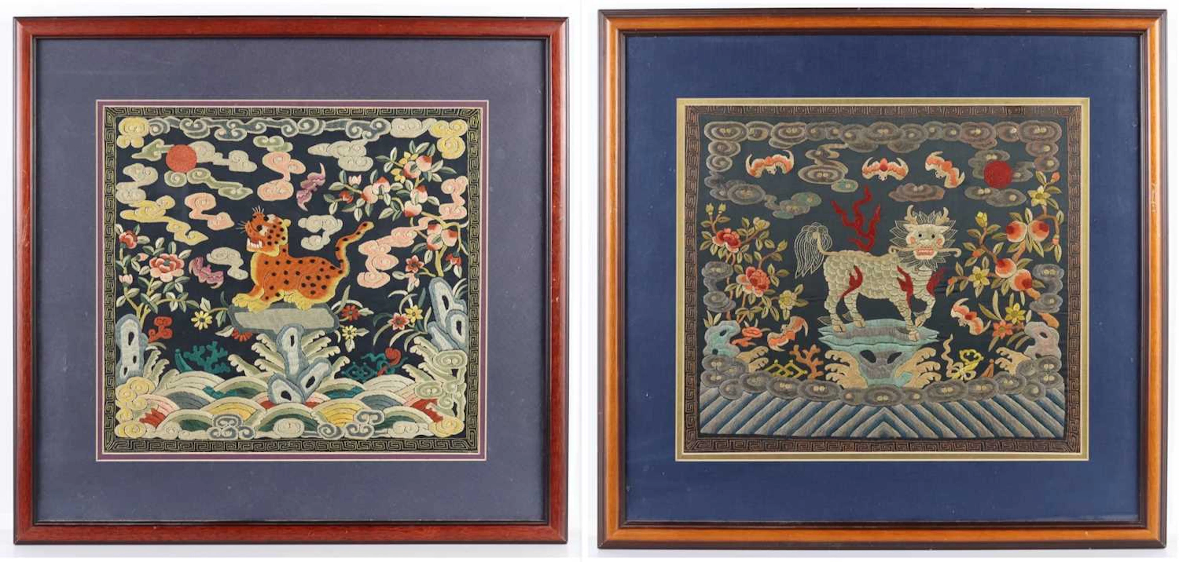 Lot 98 - A pair of Chinese embroidered silk panels