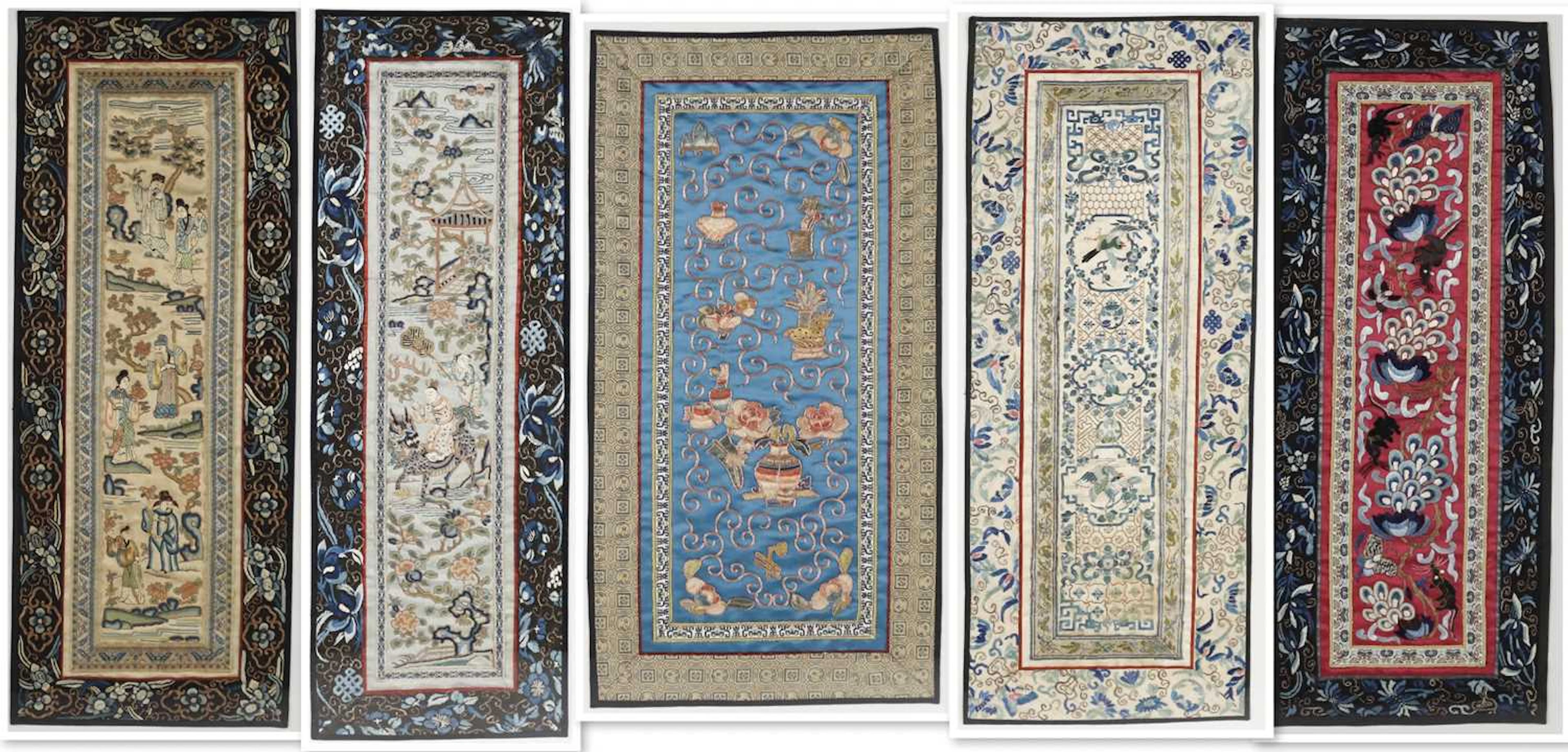 Lot 97 - Five Chinese embroidered silk panels with
