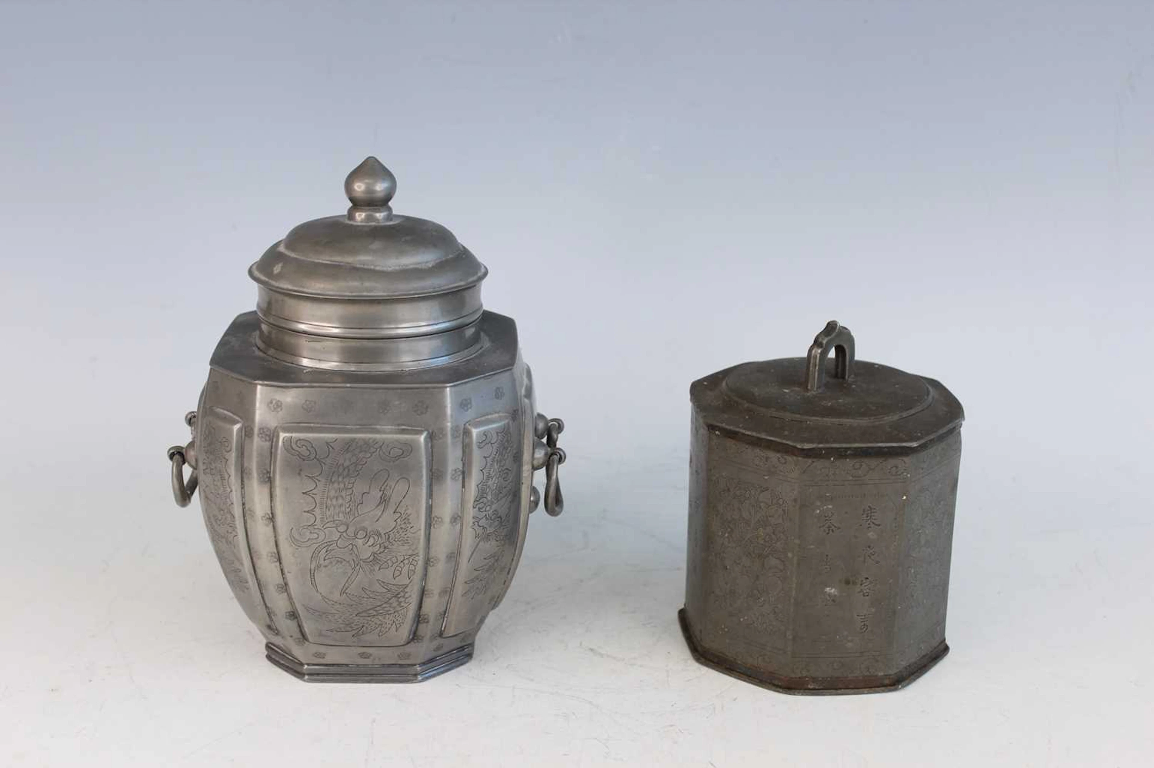 Lot 40 - Two Chinese engraved white metal tea caddies