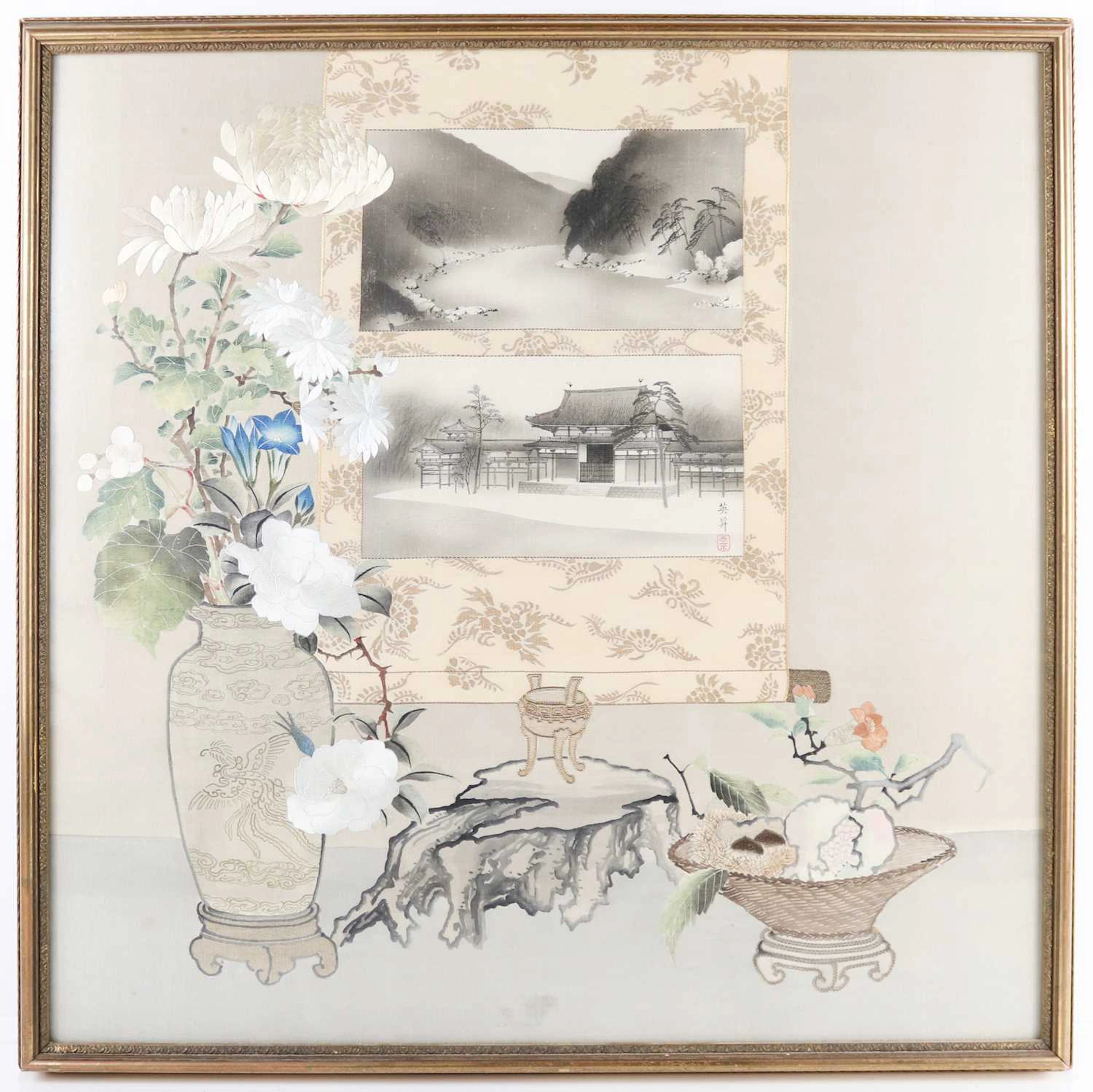 Lot 91 - A rare Japanese finely embroidered silk panel