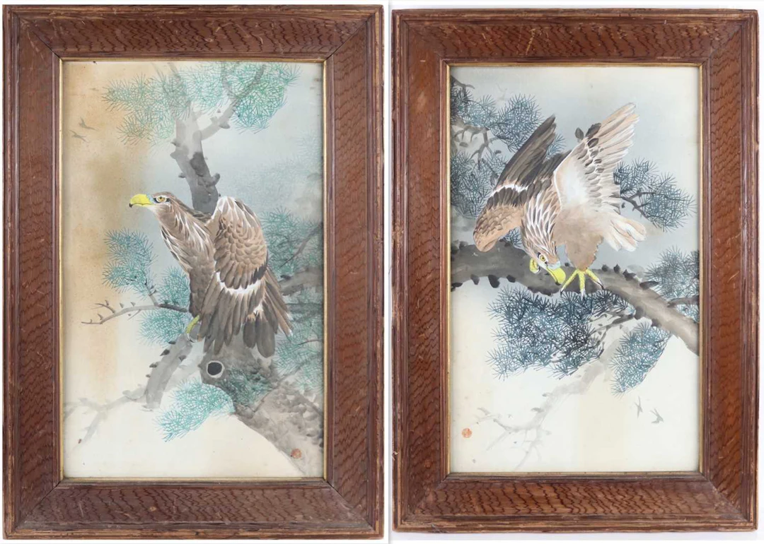 Lot 88 - A pair of Japanese paintings of eagles