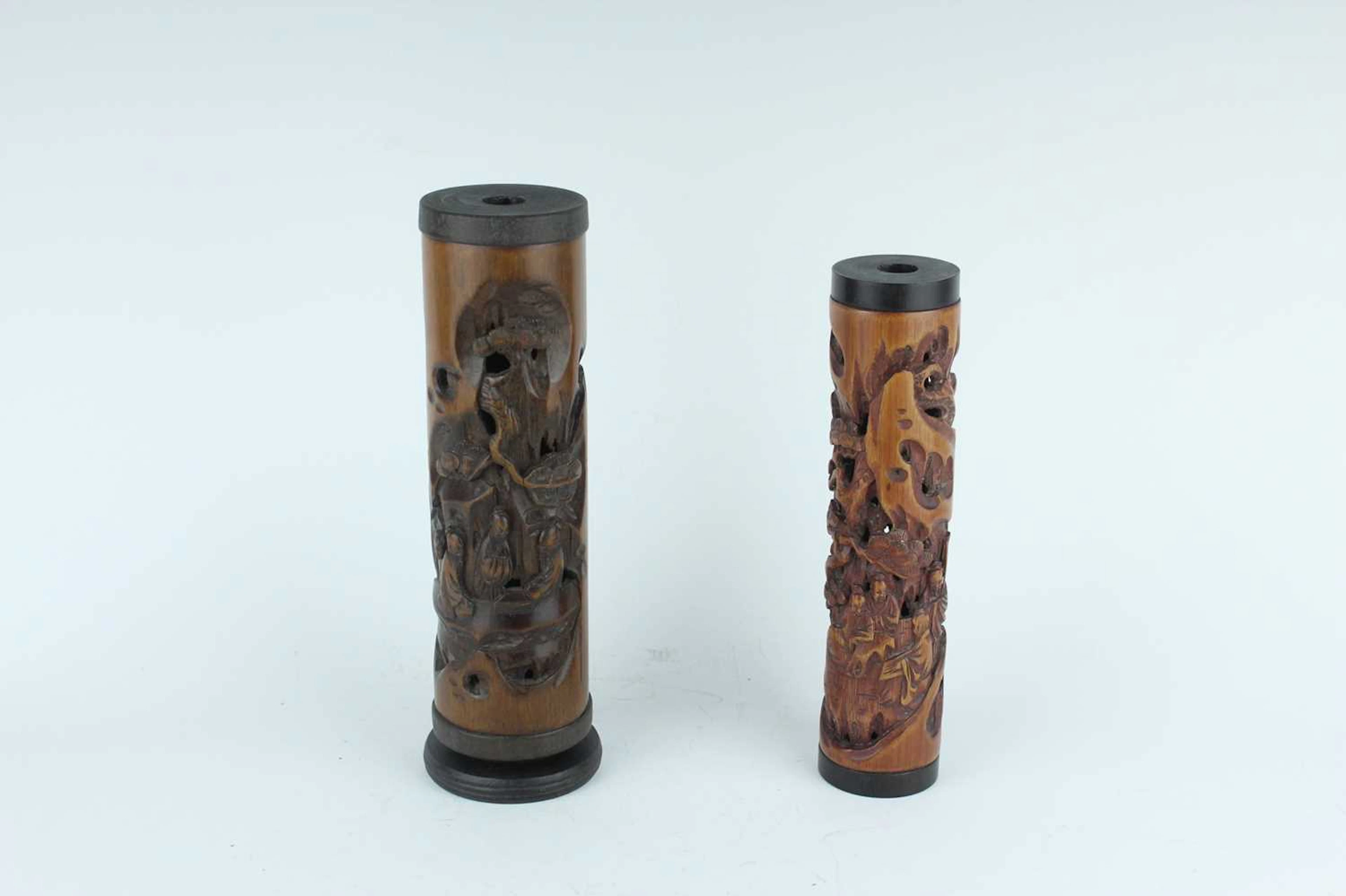 Lot 167 - Two Chinese bamboo carved incense holders
