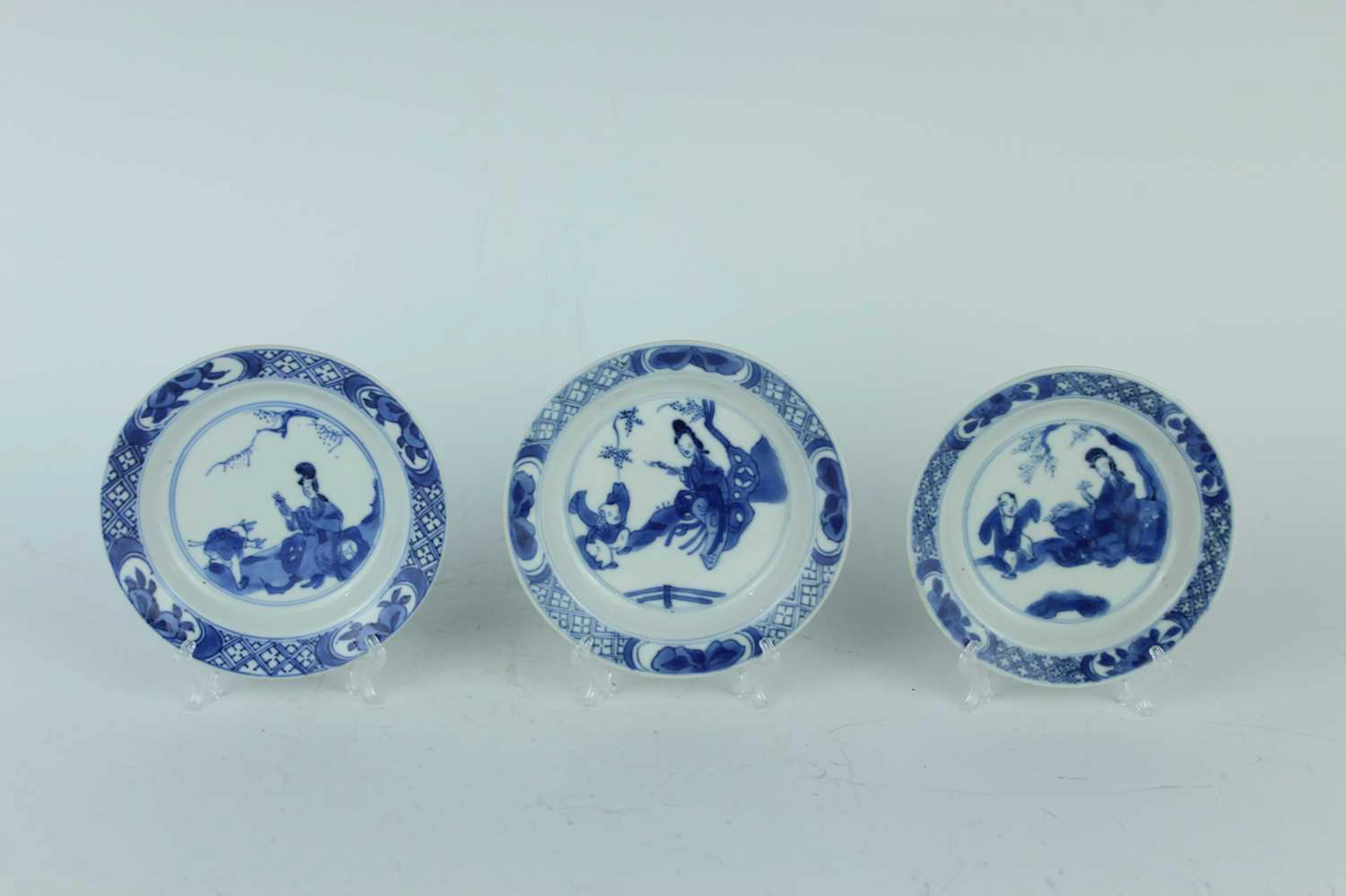 Lot 108 - Three Chinese blue and white 'boy and lady'