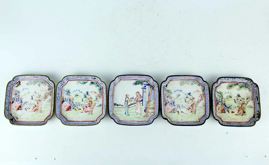 Lot 28 - Five Chinese painted enamel square dishes