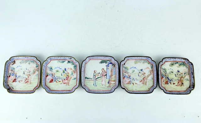 Lot 28 - Five Chinese painted enamel square dishes
