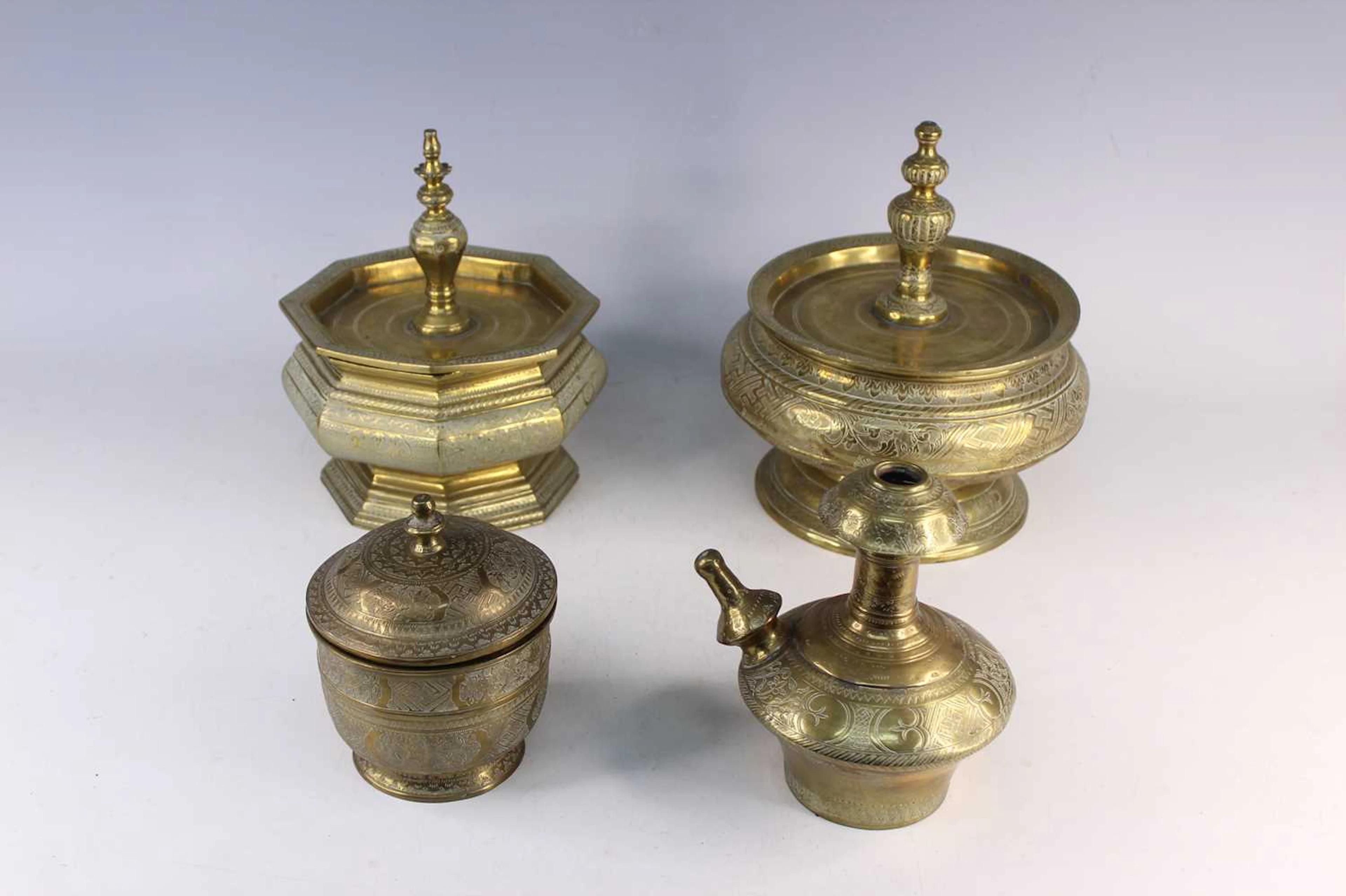 Lot 220 - Four Indonesian Engraved Brass Vessels, 20th