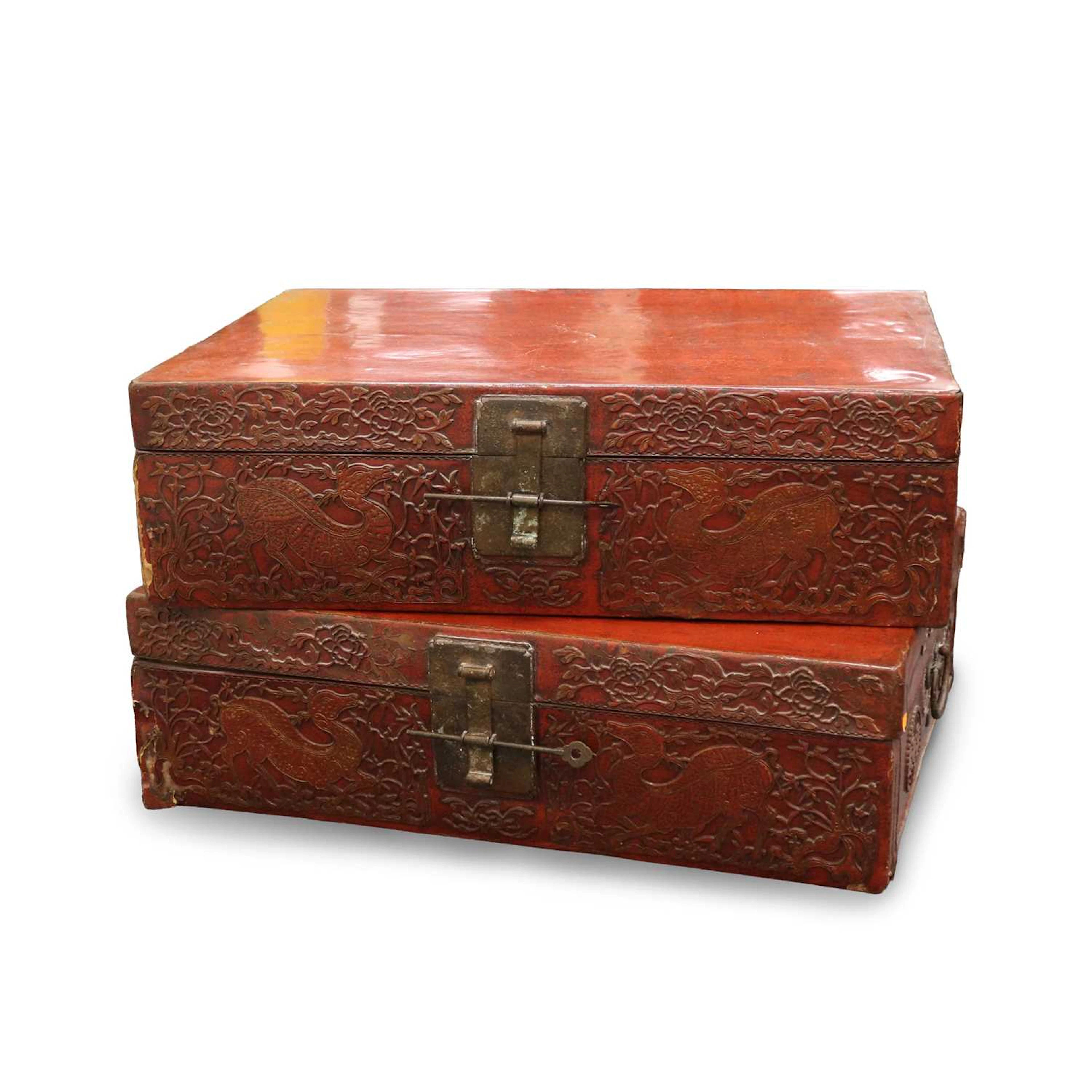 Lot 175 - Two large Chinese red lacquered leather