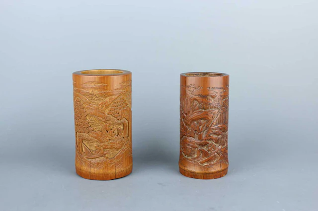 Lot 165 - A pair of small Chinese bamboo carved brush