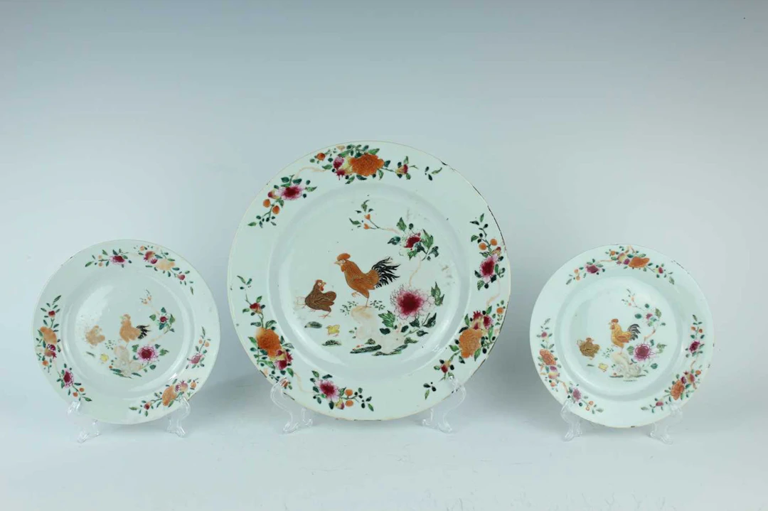 Lot 133 - Three Chinese famille rose 'Chicken' dishes
