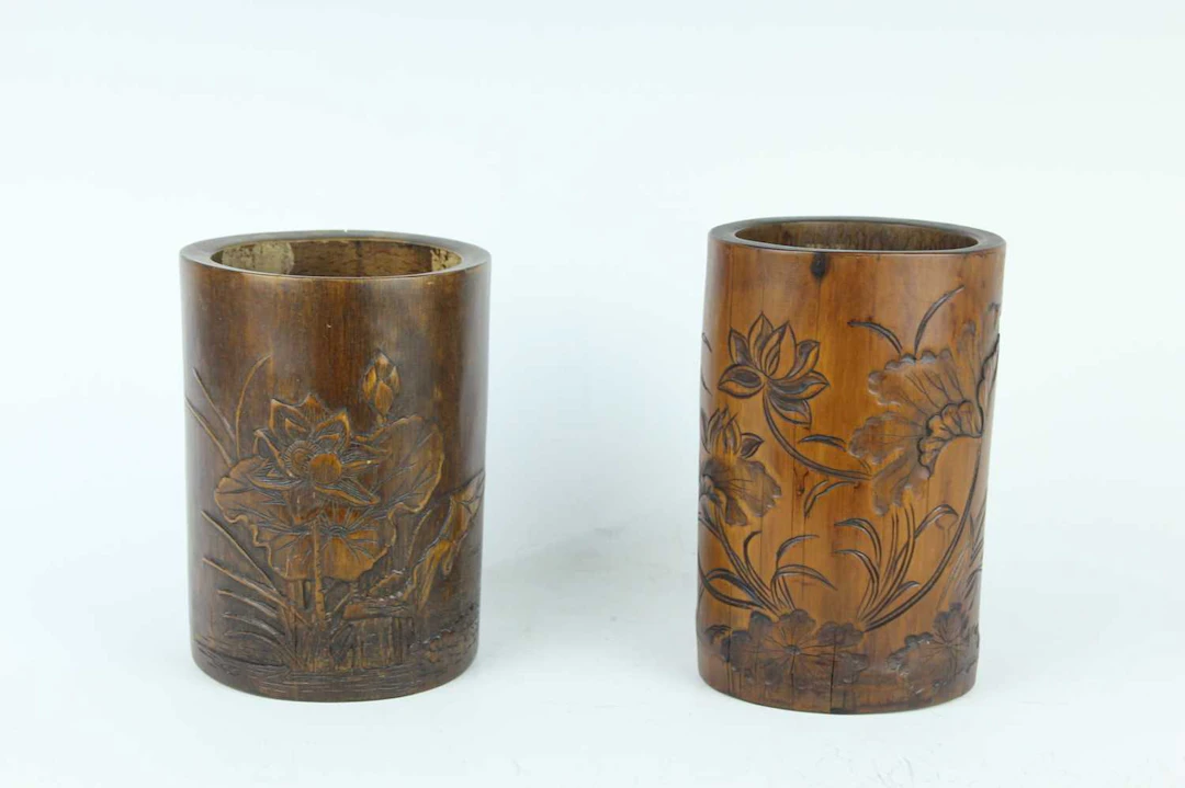 Lot 164 - Two Chinese bamboo 'lotus' brush pots, Qing