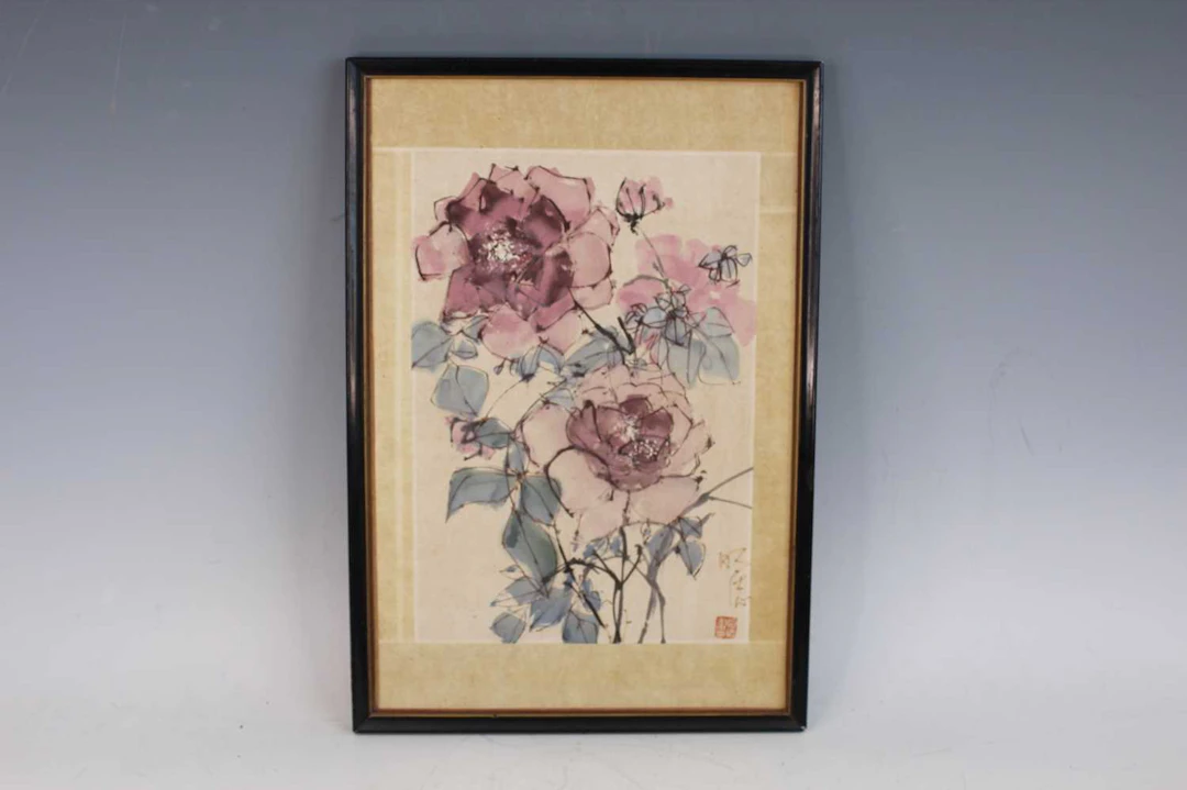 Lot 90 - A framed floral painting by Earl Lu