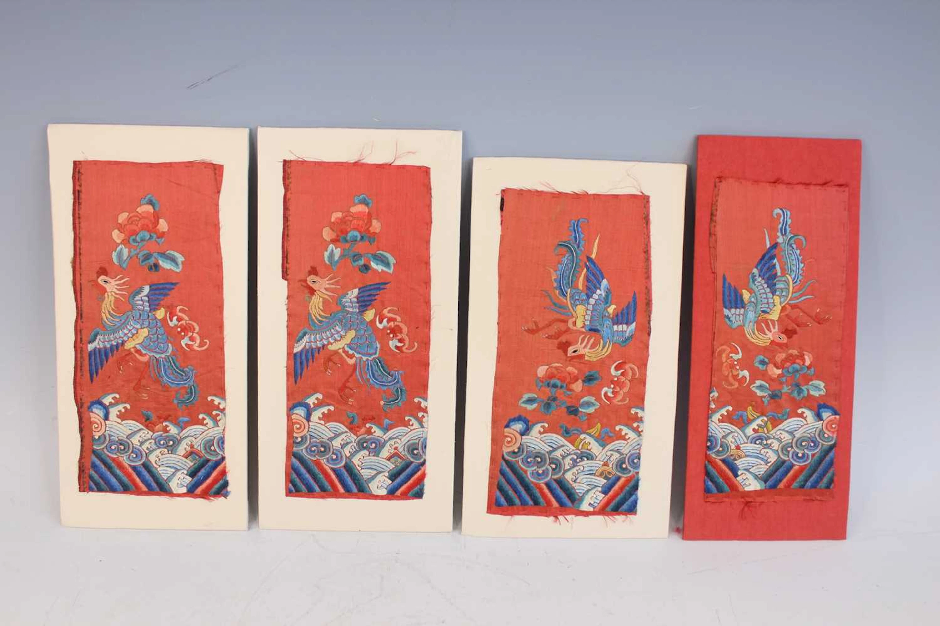 Lot 100 - Four Chinese embroidered silk phoenix panels