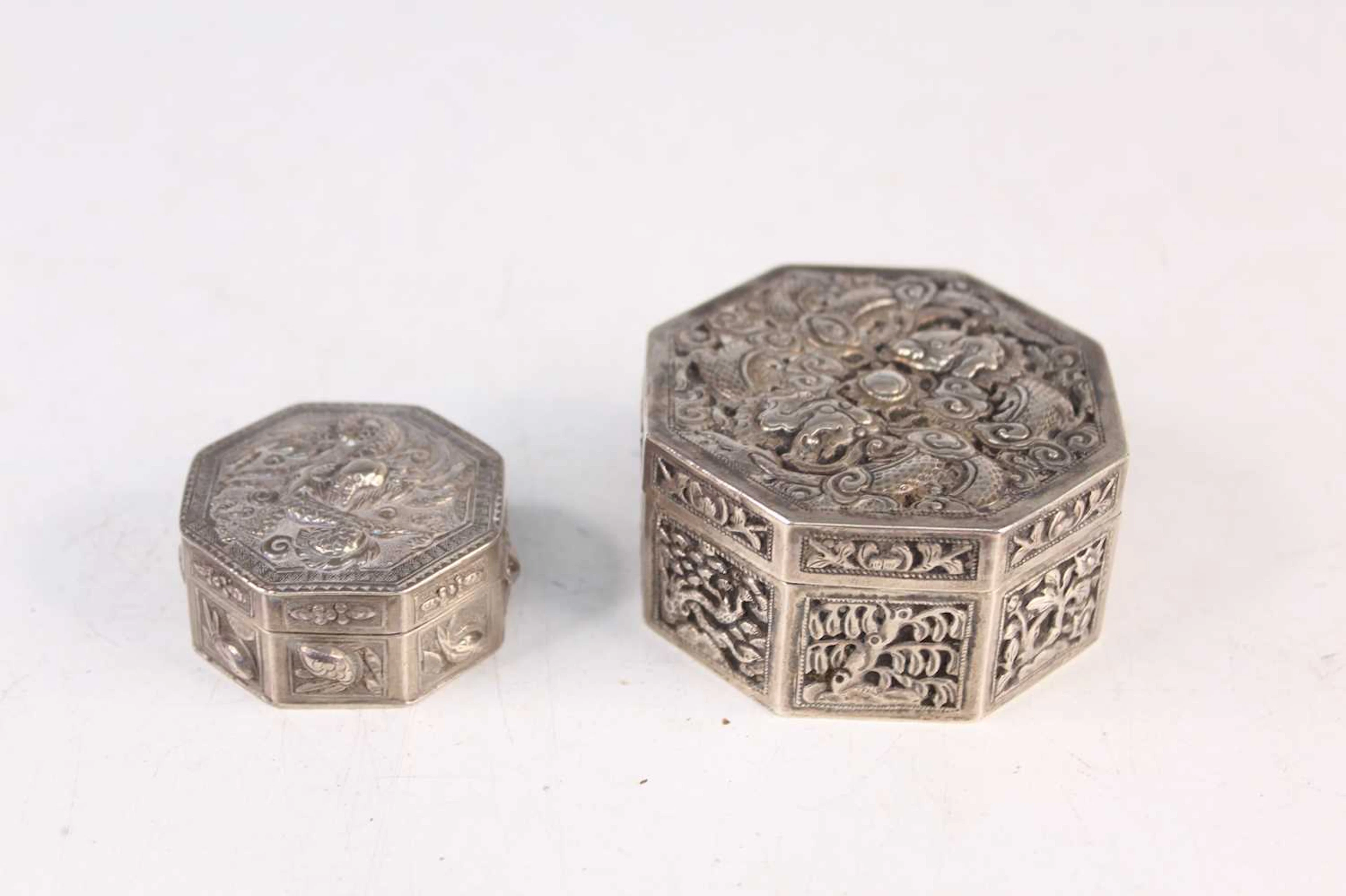 Lot 42 - Two Silver Dragon-Decorated Octagonal Boxes