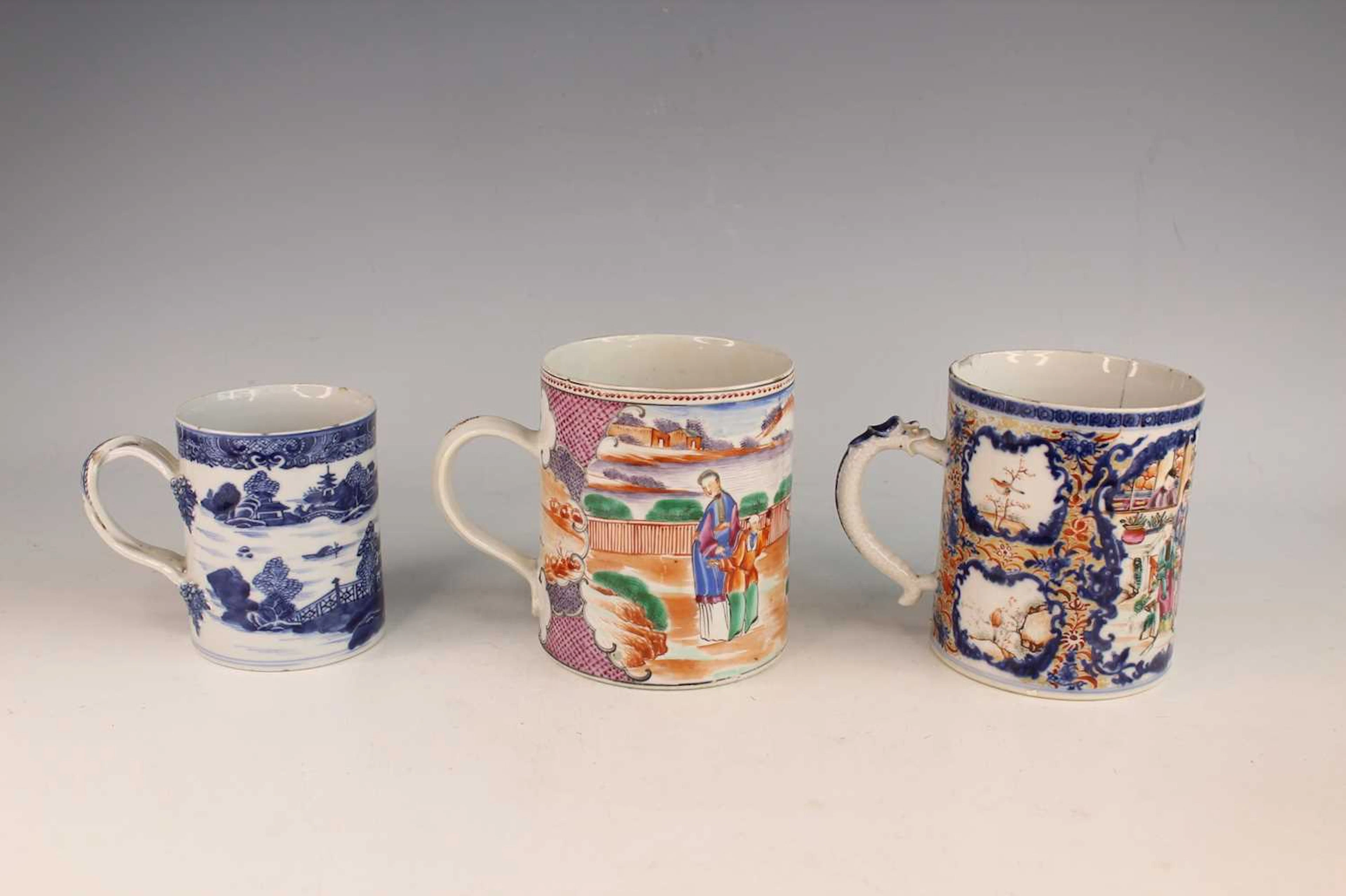 Lot 122 - Three Chinese export porcelain mugs, Qing