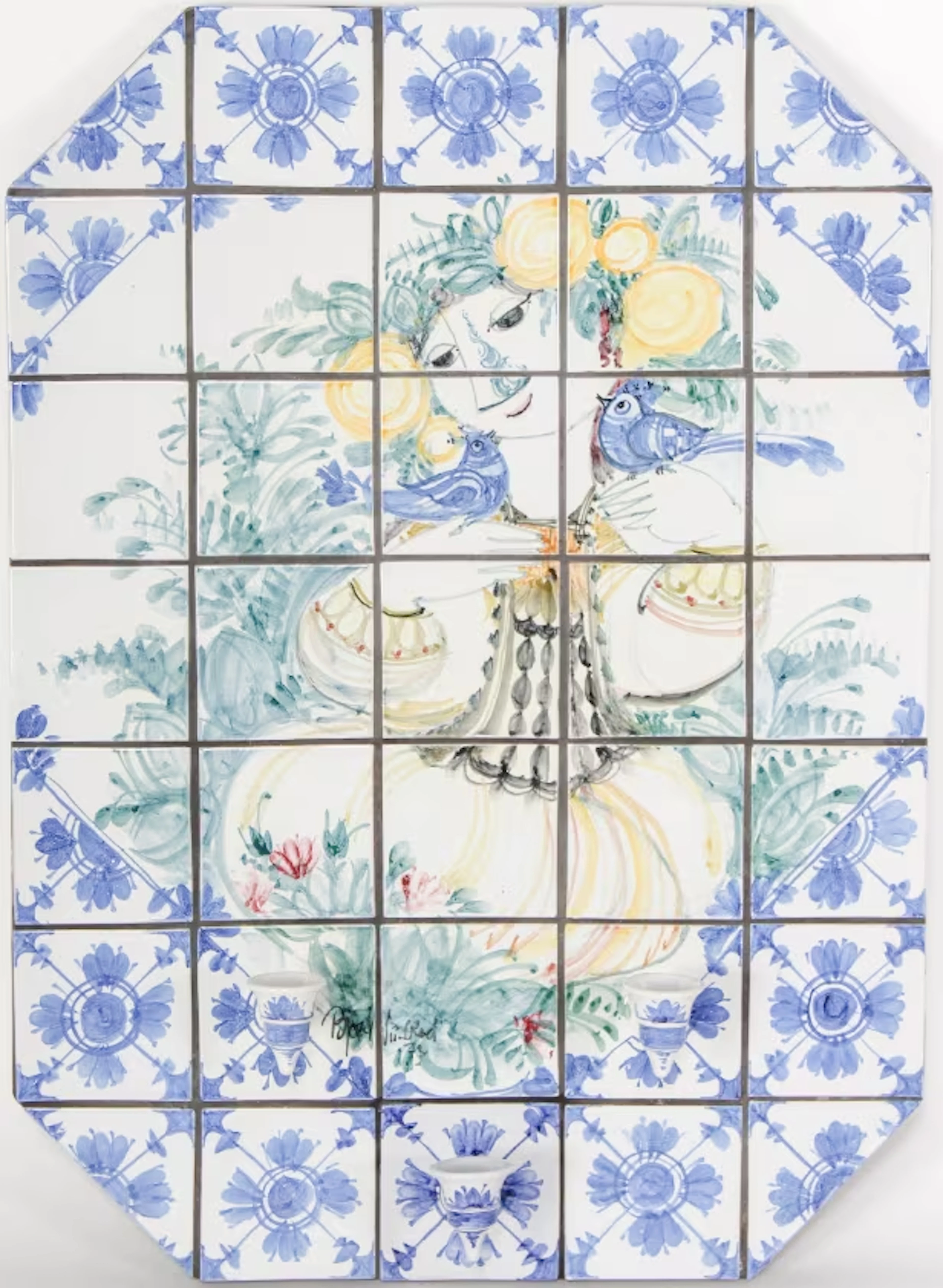 Bjørn Wiinblad. Large octagonal unique tile picture with three candlesticks