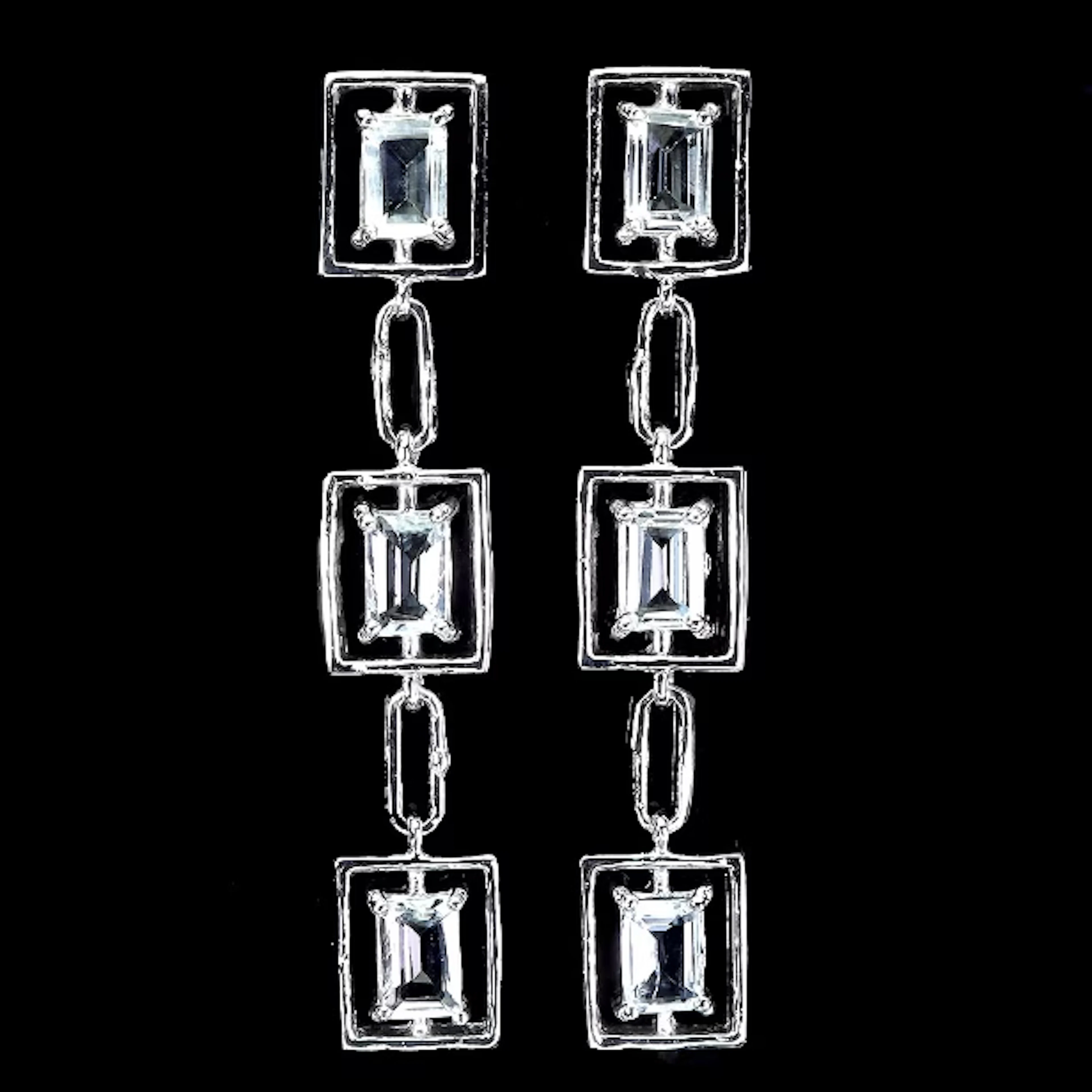 Earrings in rhodium-plated Sterling silver, adorned with 6 emerald-cut