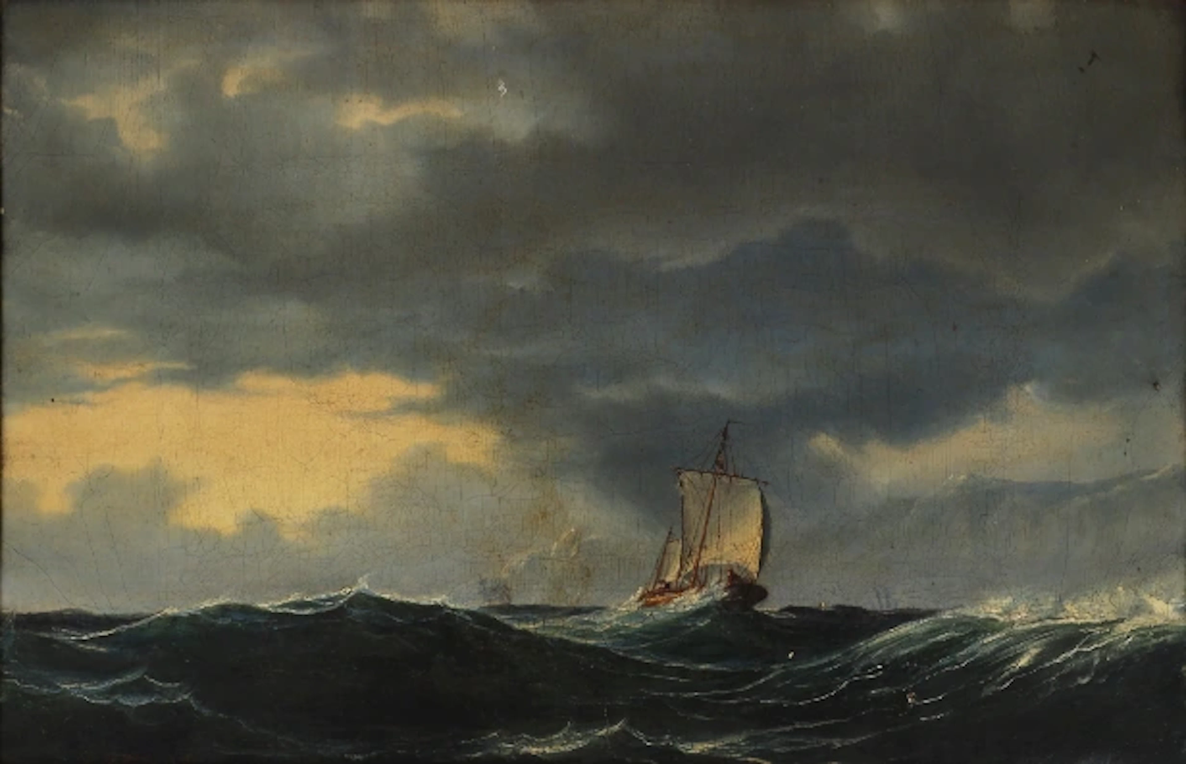 Anton Melbye?: Marine with sailing ship in waves, 1849