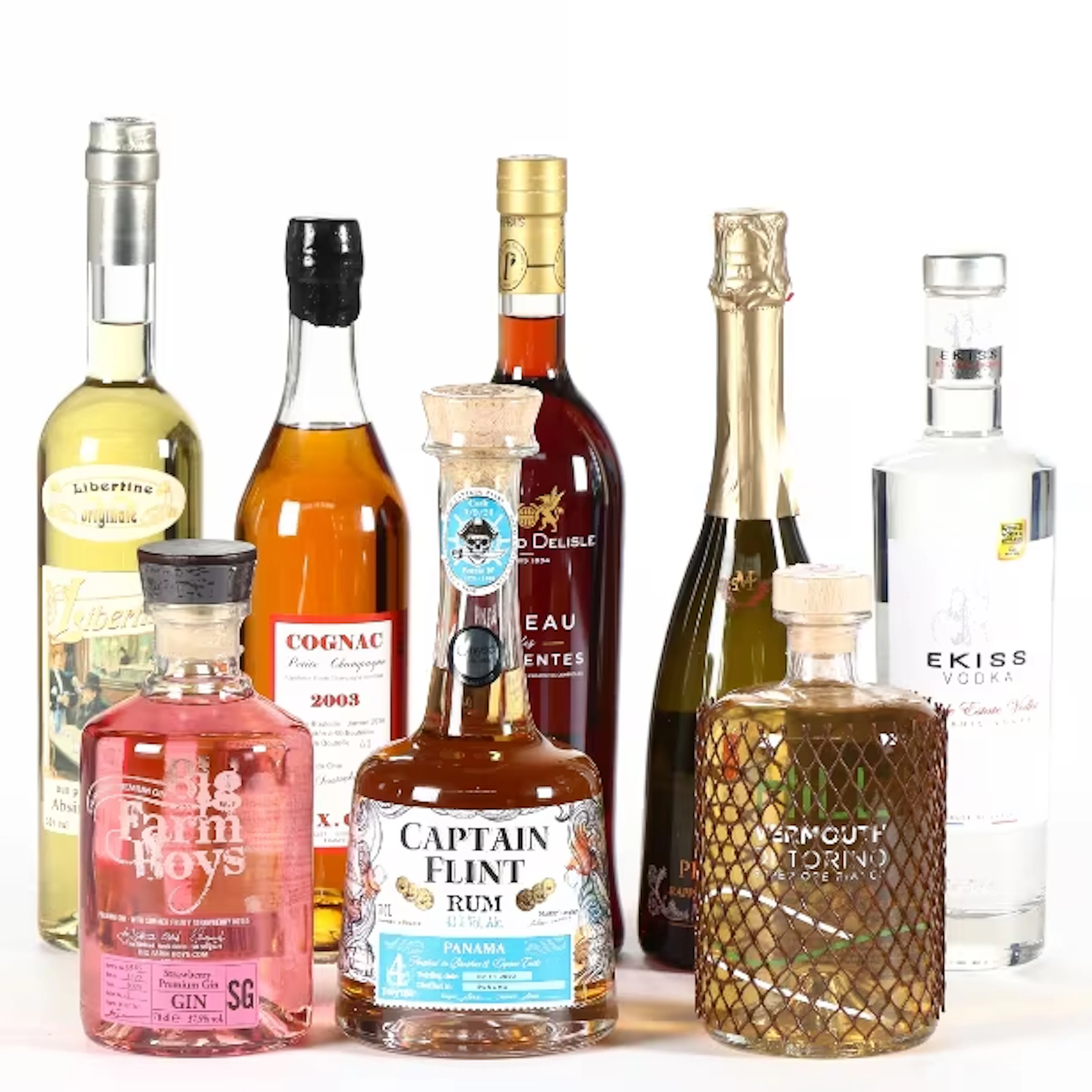 A collection of misc. spirits, i.a. Chollet Cognac 2003 and Prosecco