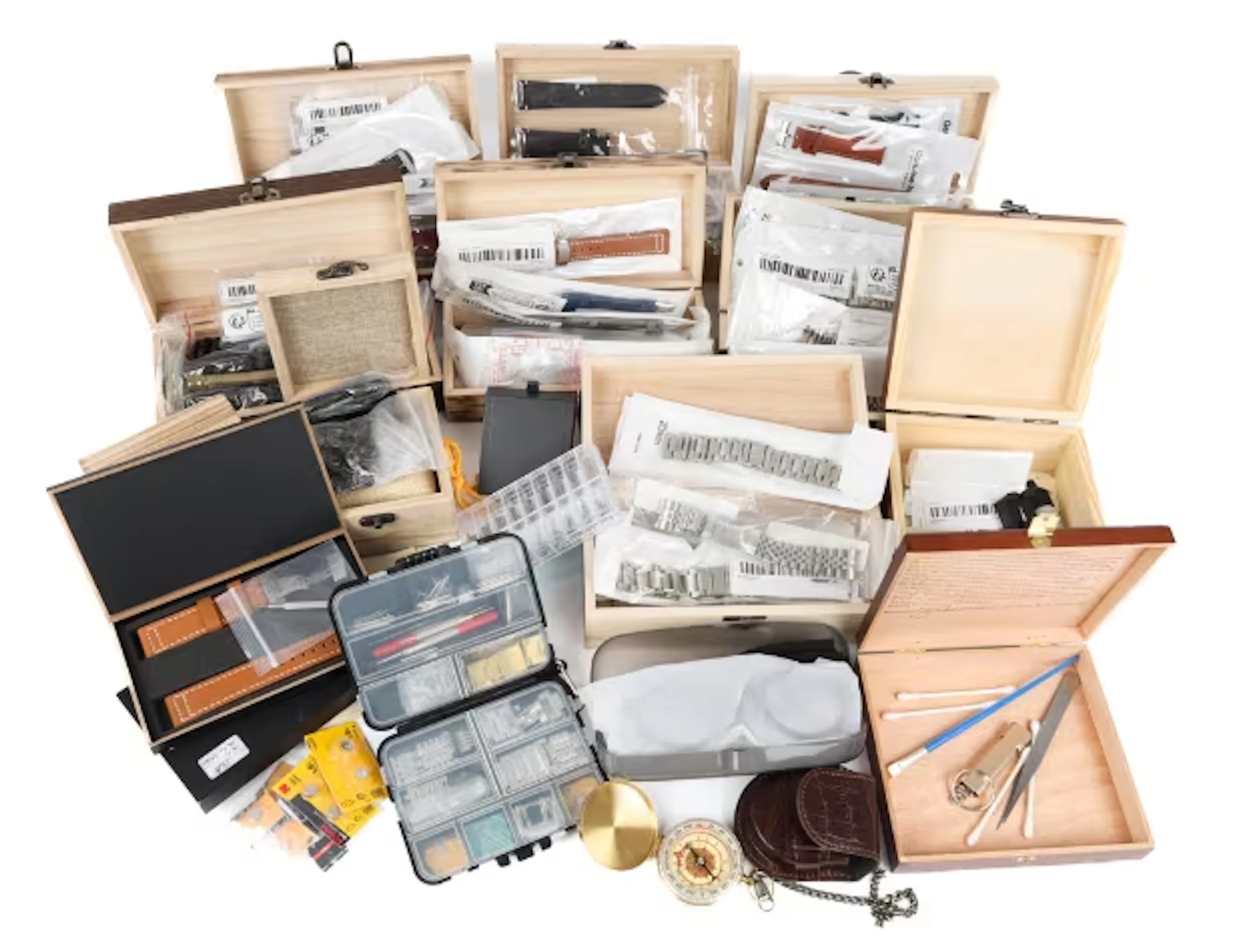 A collection of unused watch straps and bracelets for men's watches