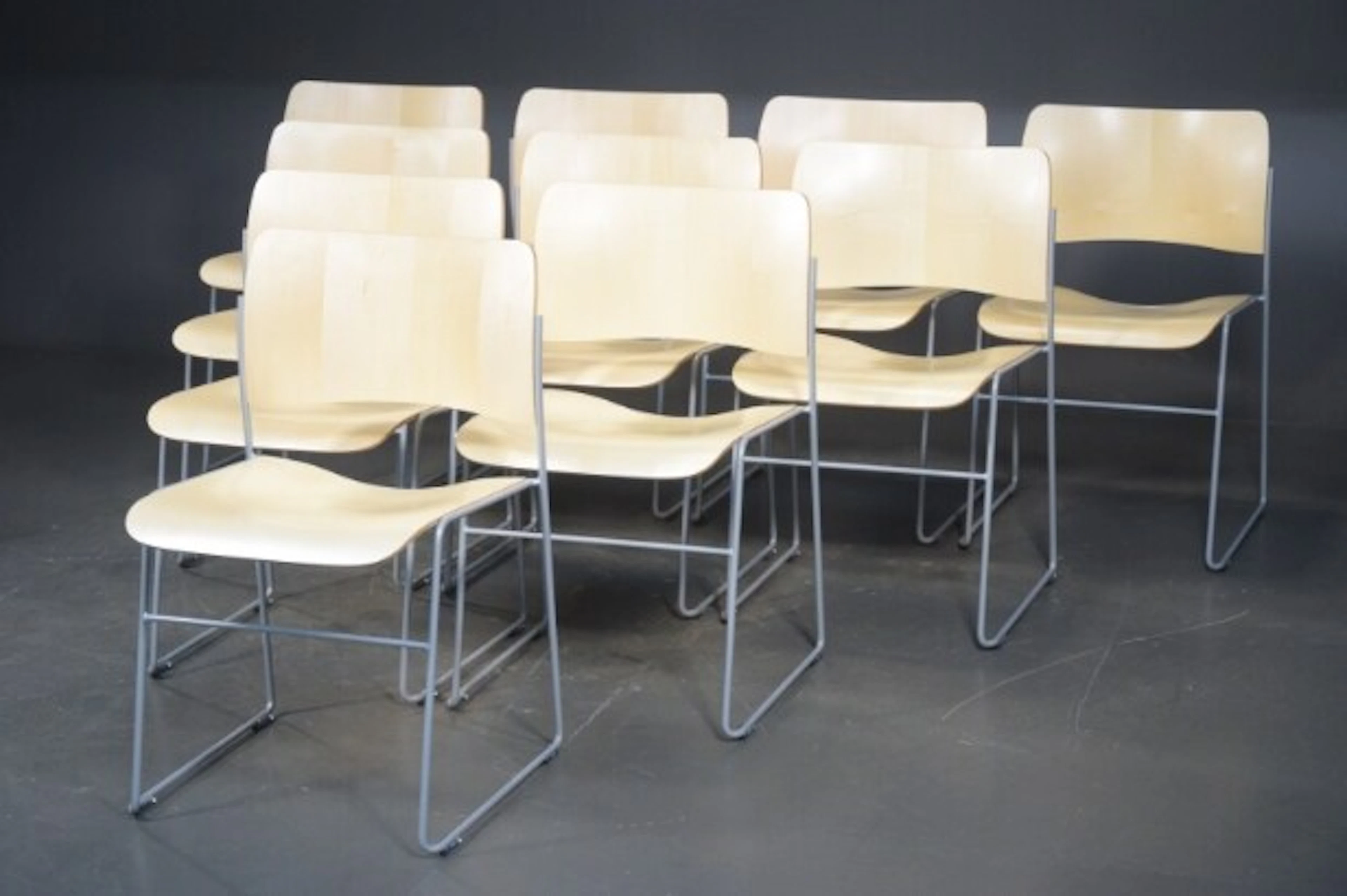 David Rowland, Set of 9 stackable chairs in maple (9)