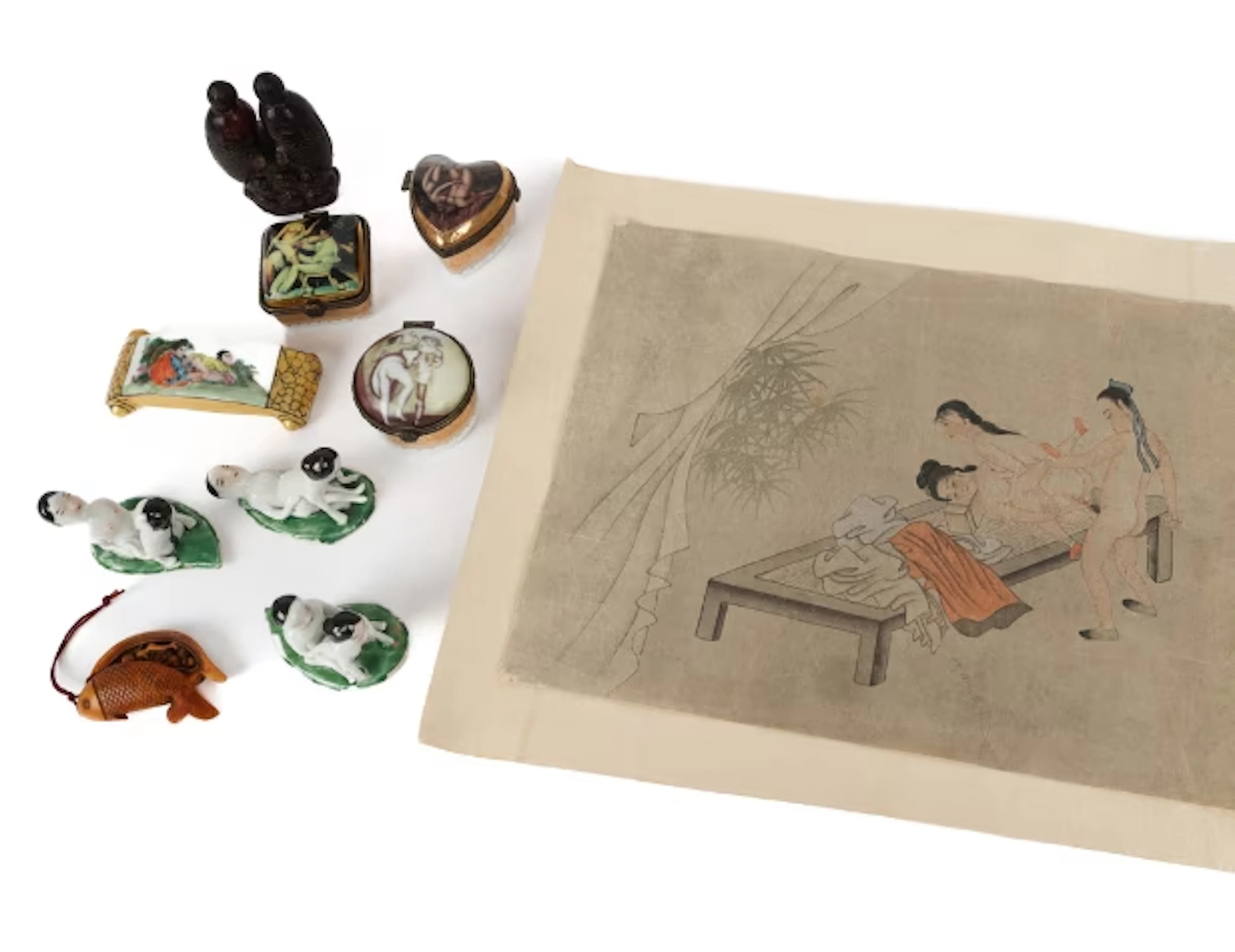 Oriental effects. Including snuff bottle, figurines, box and two drawings. (11)