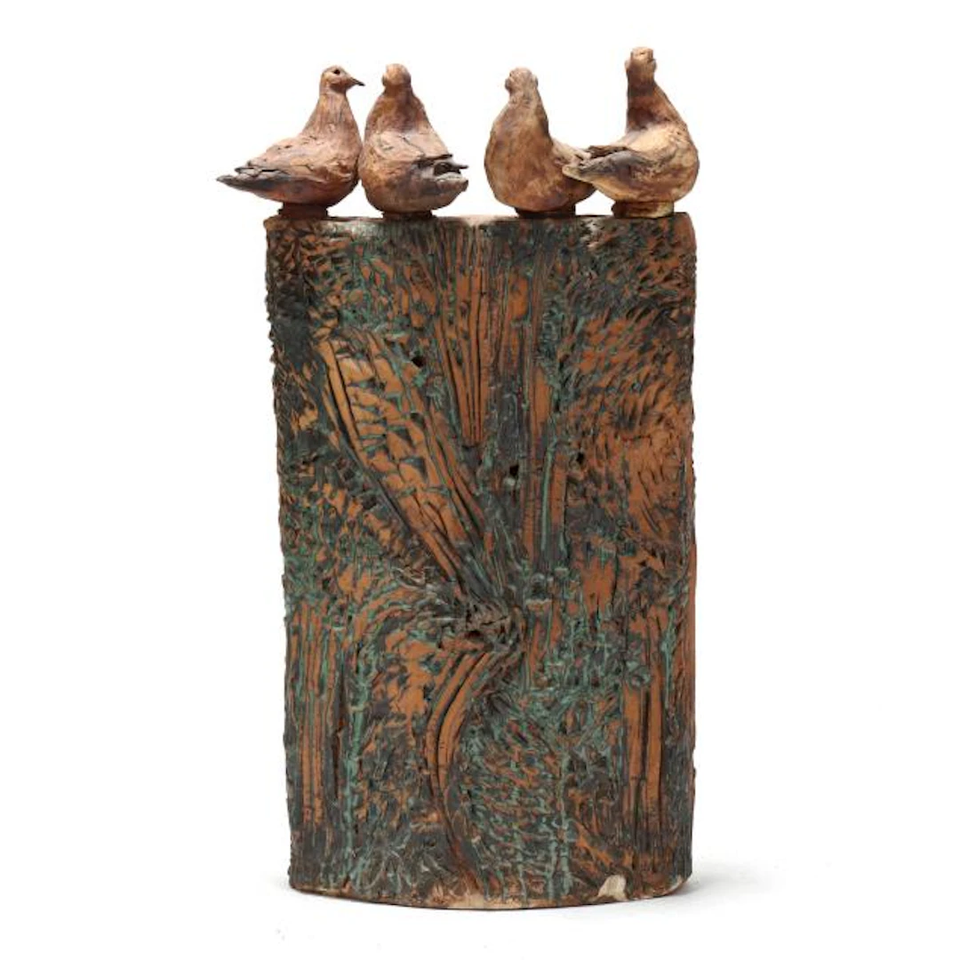 Tinka Jordy (NC), Four Birds Pedestal Pottery Sculpture