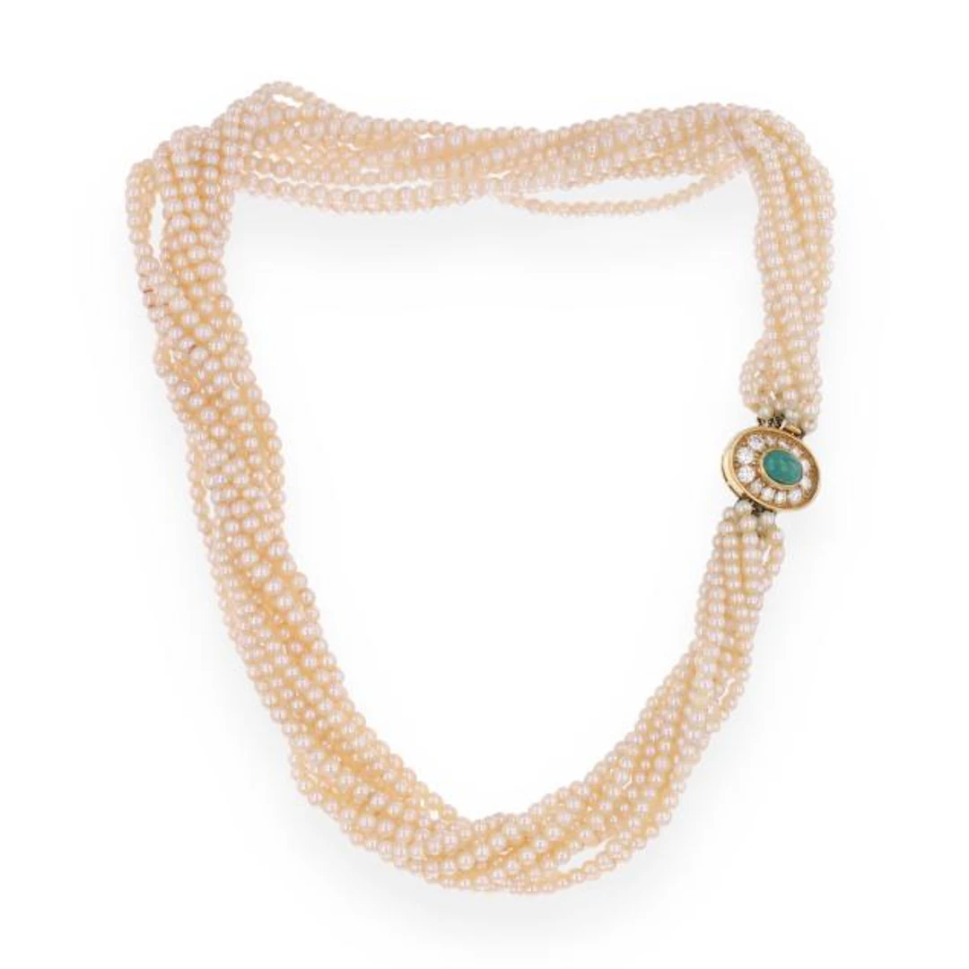 Multi-Strand Pearl Torsade Necklace with Gold and Gem-Set Clasp