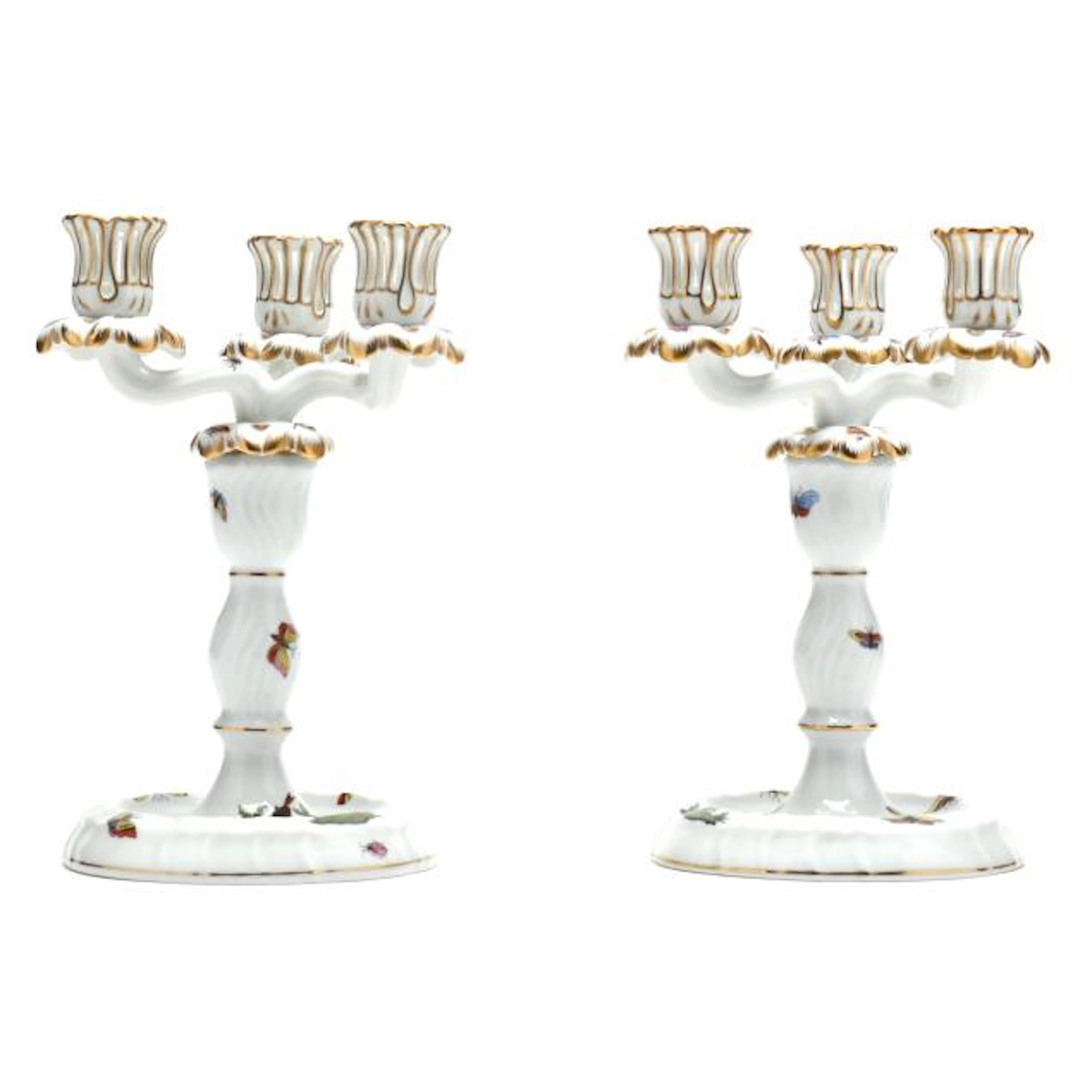 Pair of Herend Rothschild Bird Three-Light Candlesticks