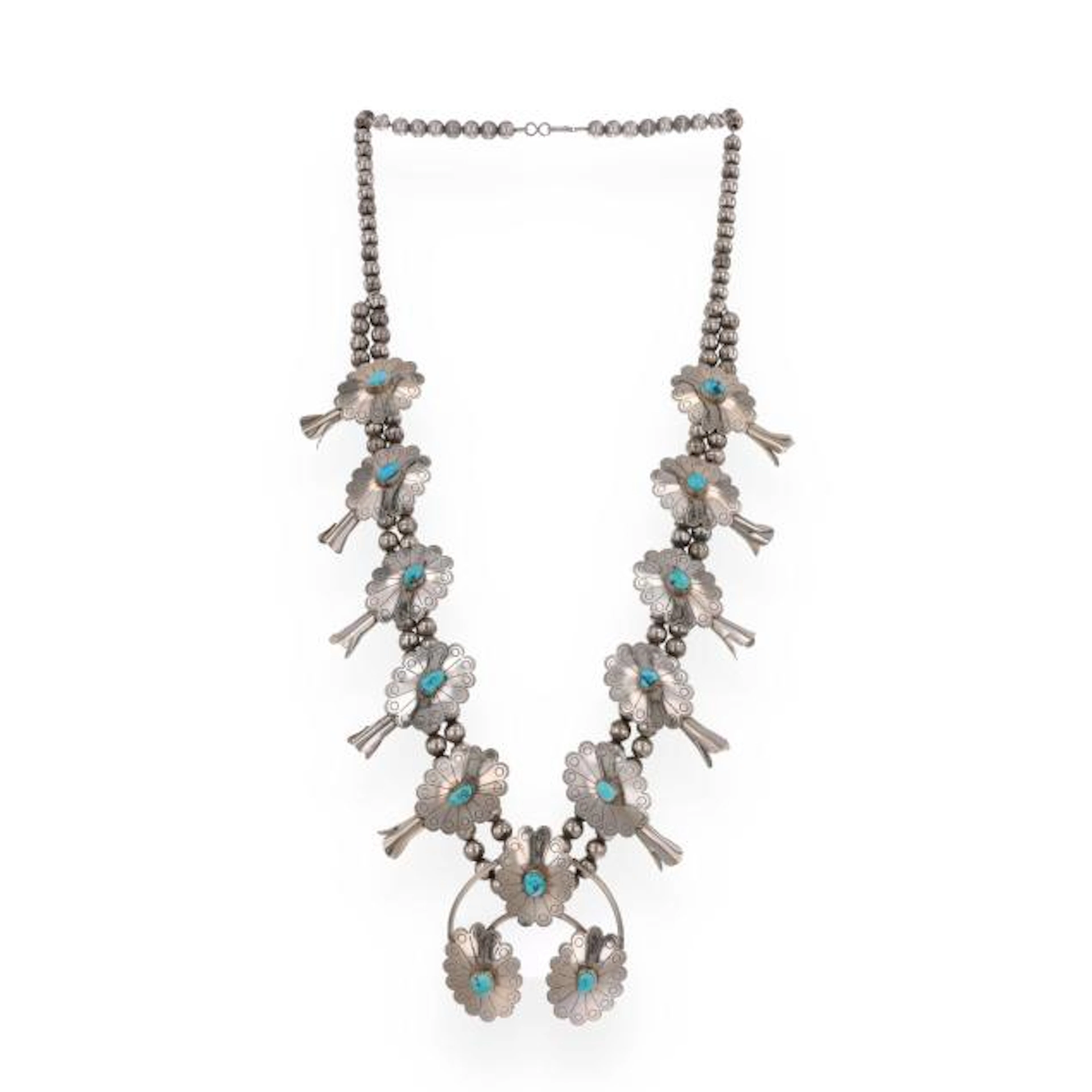 Silver and Turquoise Squash Blossom Necklace