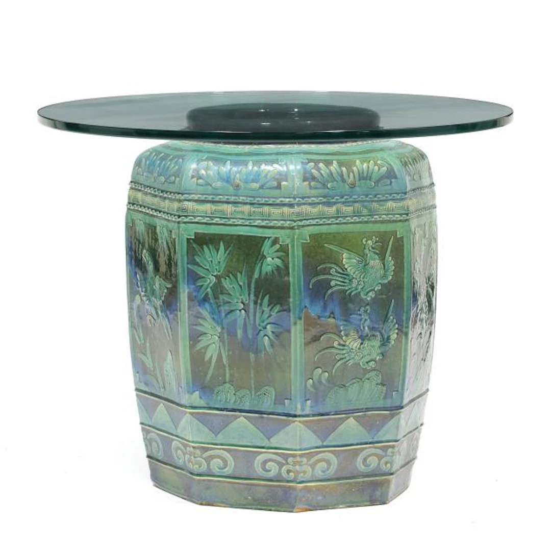 Large Chinese Majolica Glazed Jardiniere Glass Top Table