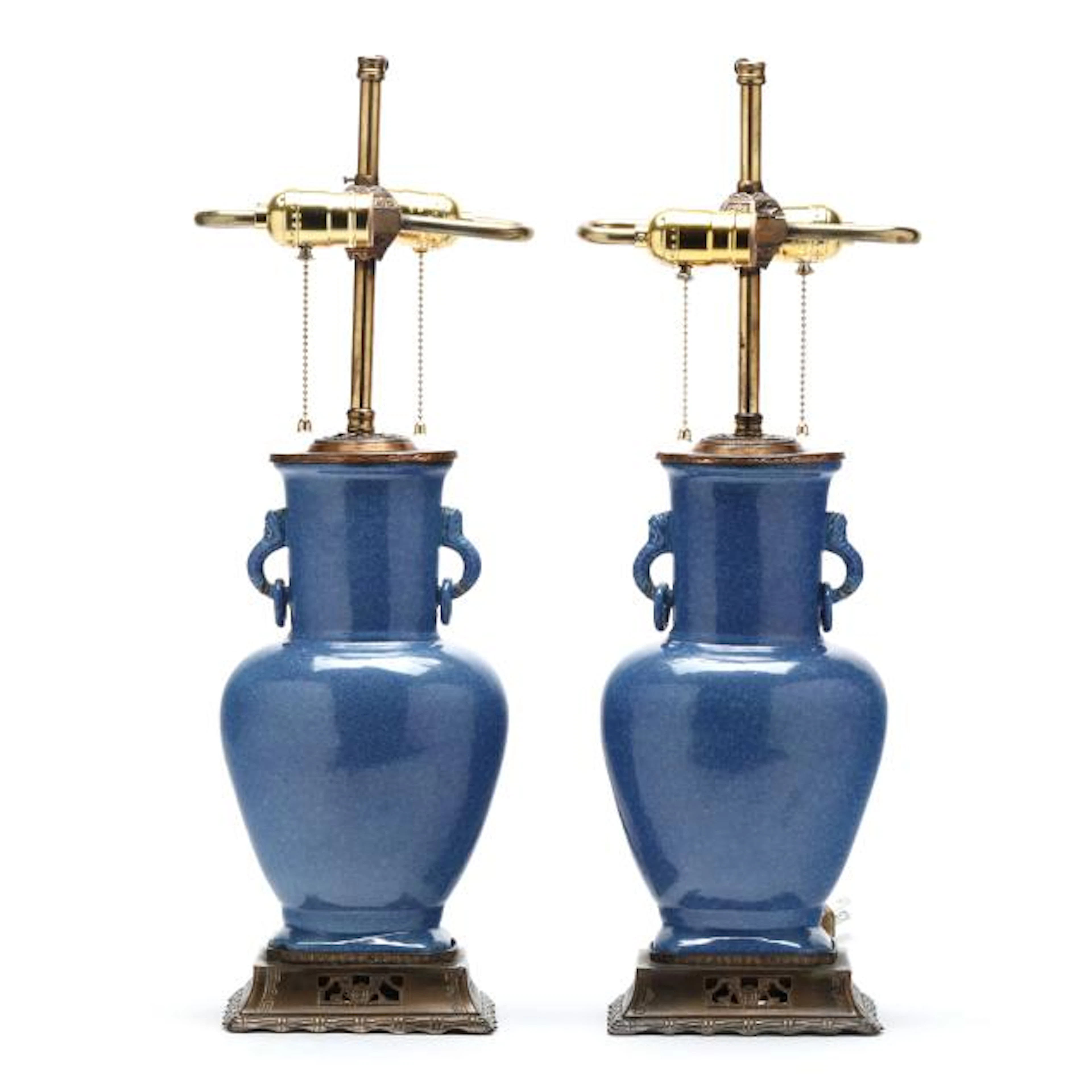 A Pair of Chinese Powder Blue Elephant Handle Vase Lamps