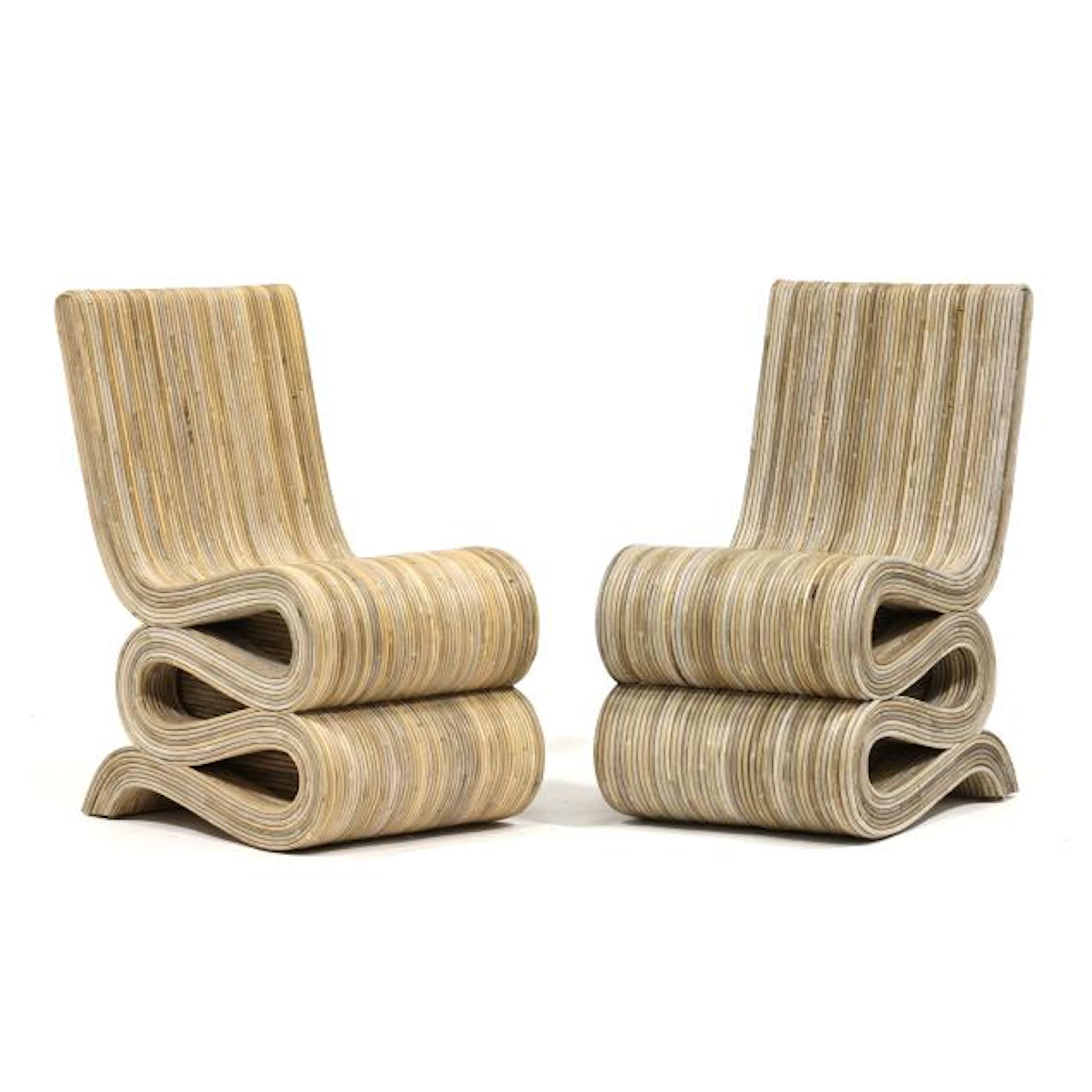 Pair of Pencil Reed Rattan Ribbon Chairs