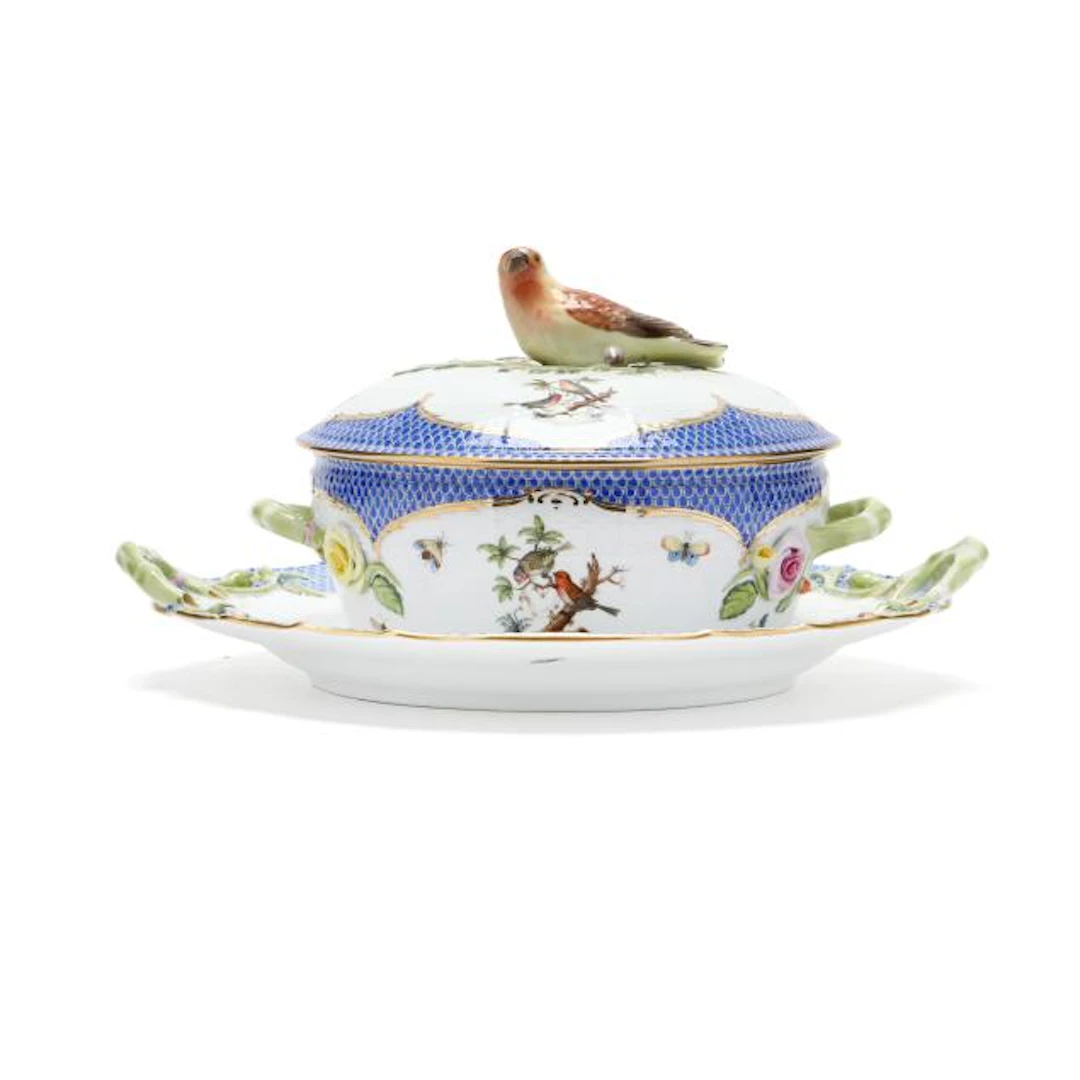 Herend Rothschild Bird Blue Border Lidded Vegetable Dish with Underplate
