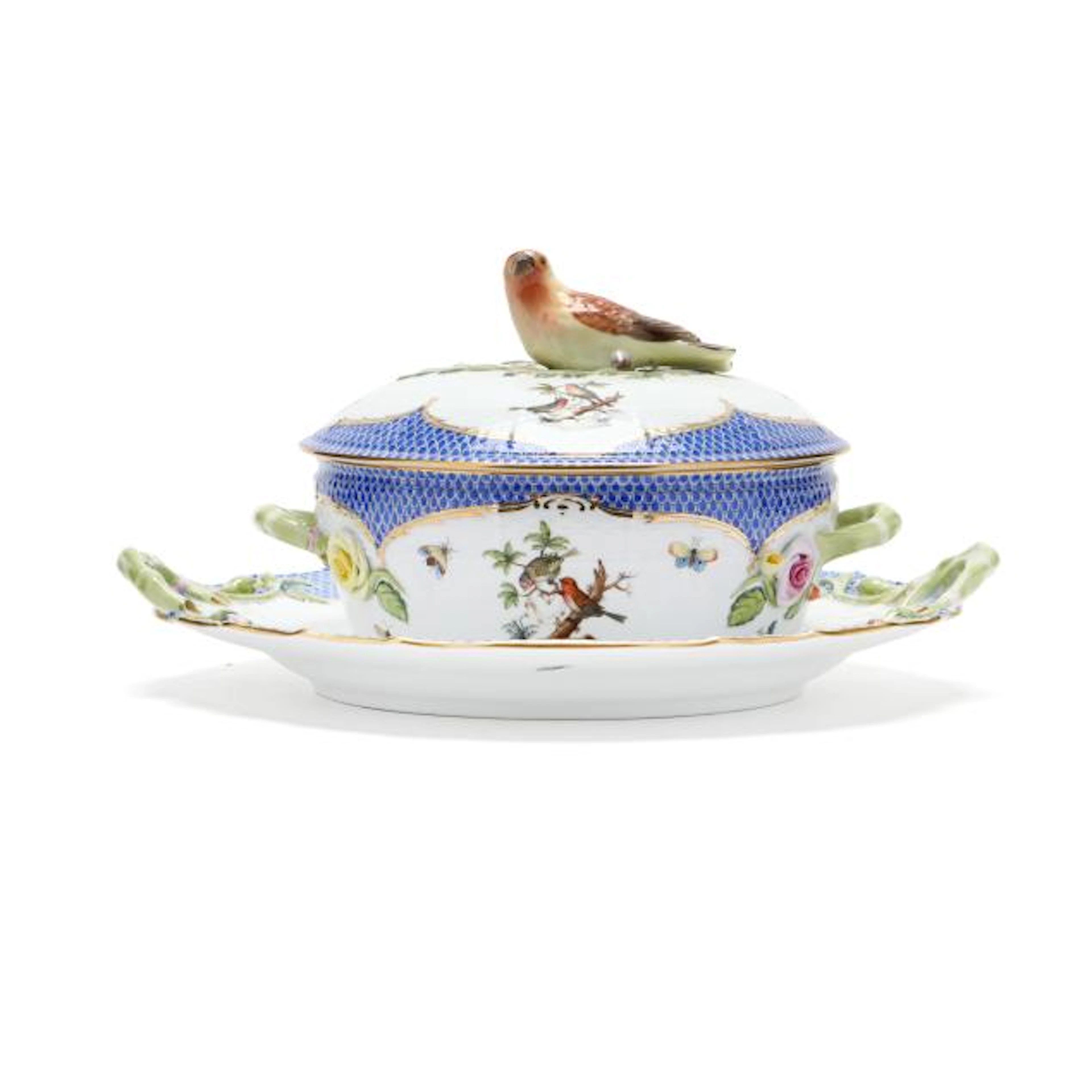 Herend Rothschild Bird Blue Border Lidded Vegetable Dish with Underplate
