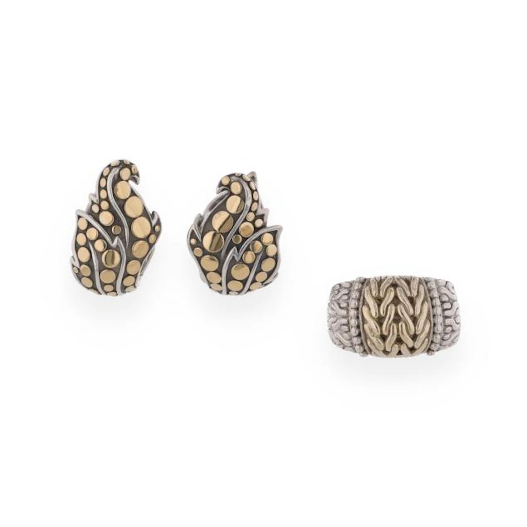 Silver and Gold Earrings and Ring, John Hardy