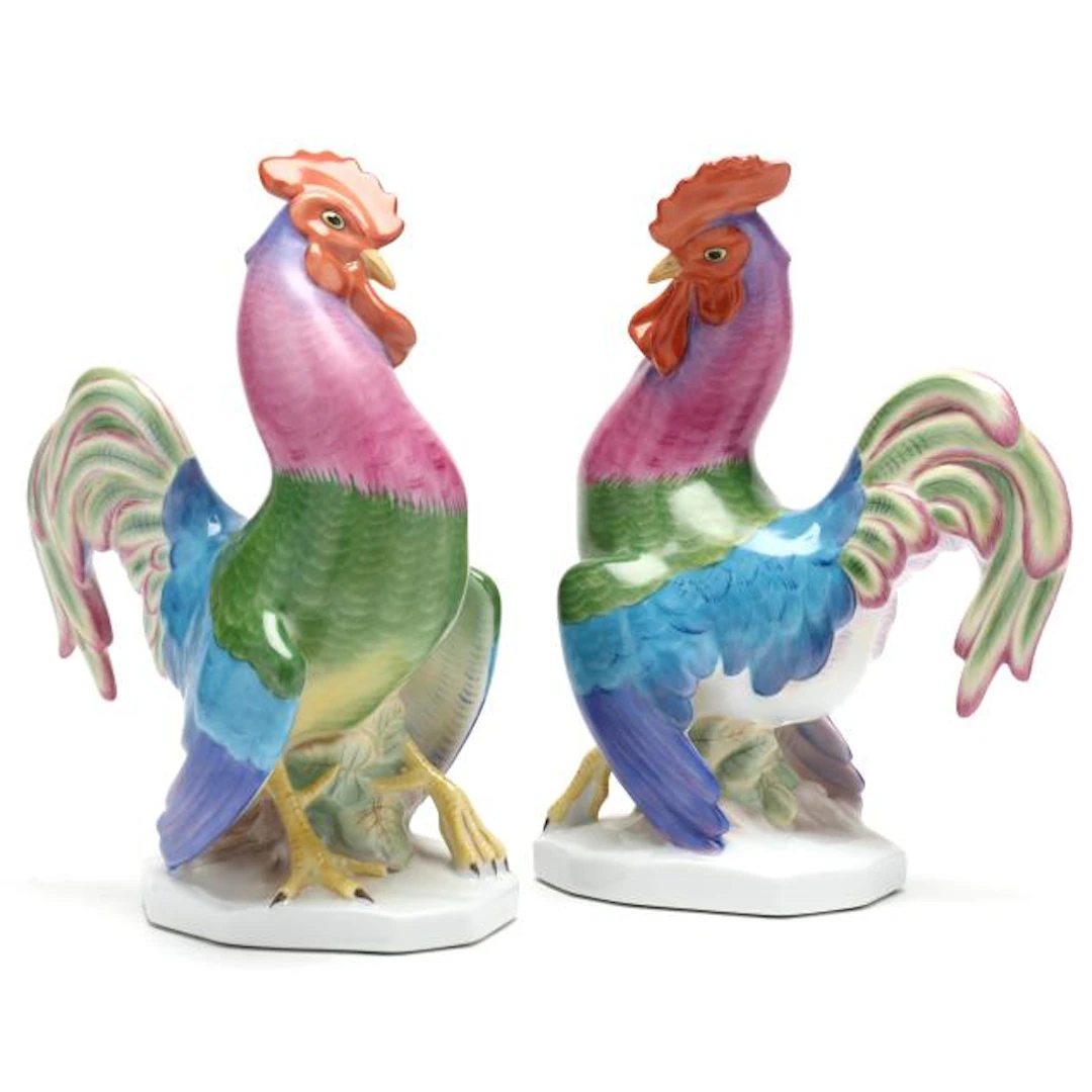 Herend, Pair of Colorful Strutting Roosters