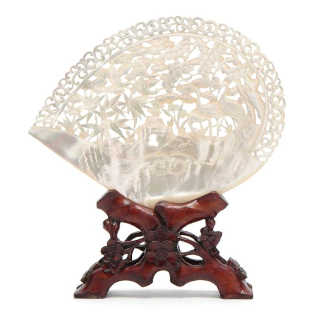 Chinese Export Carved Mother of Pearl Shell on Stand