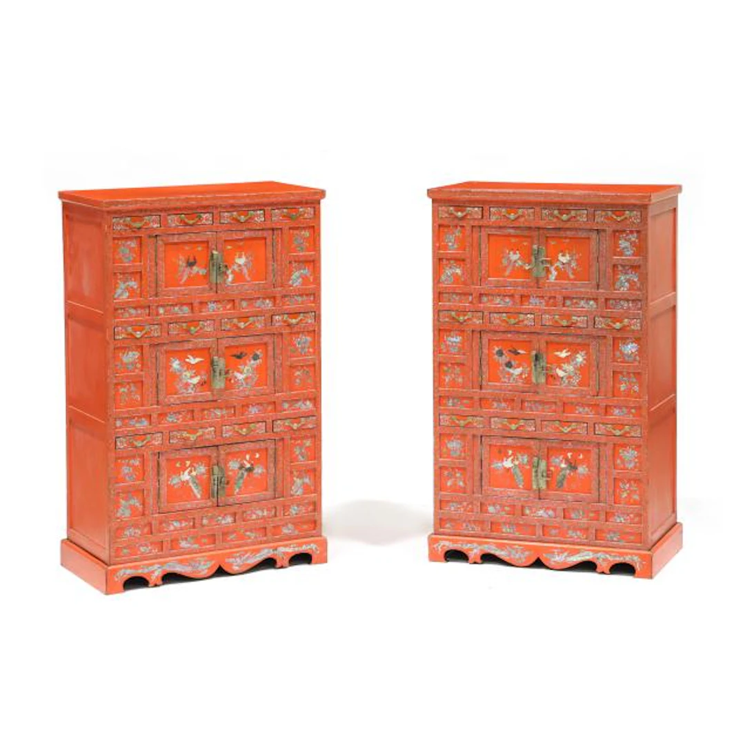 A Pair of Korean Red Lacquer Tansu Cabinets with Mother-of-Pearl Inlay