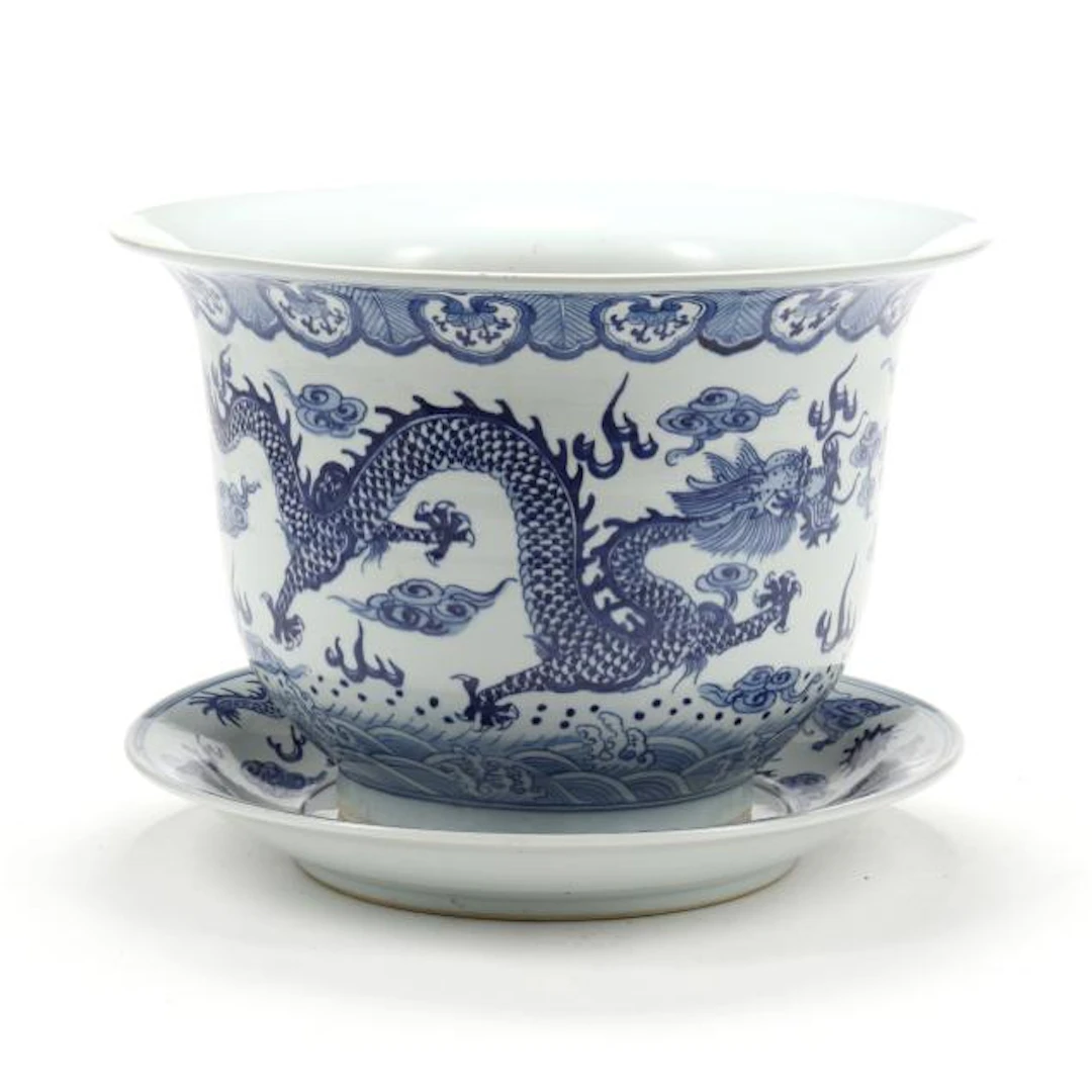 A Large Chinese Blue and White Dragon Jardiniere with Underplate