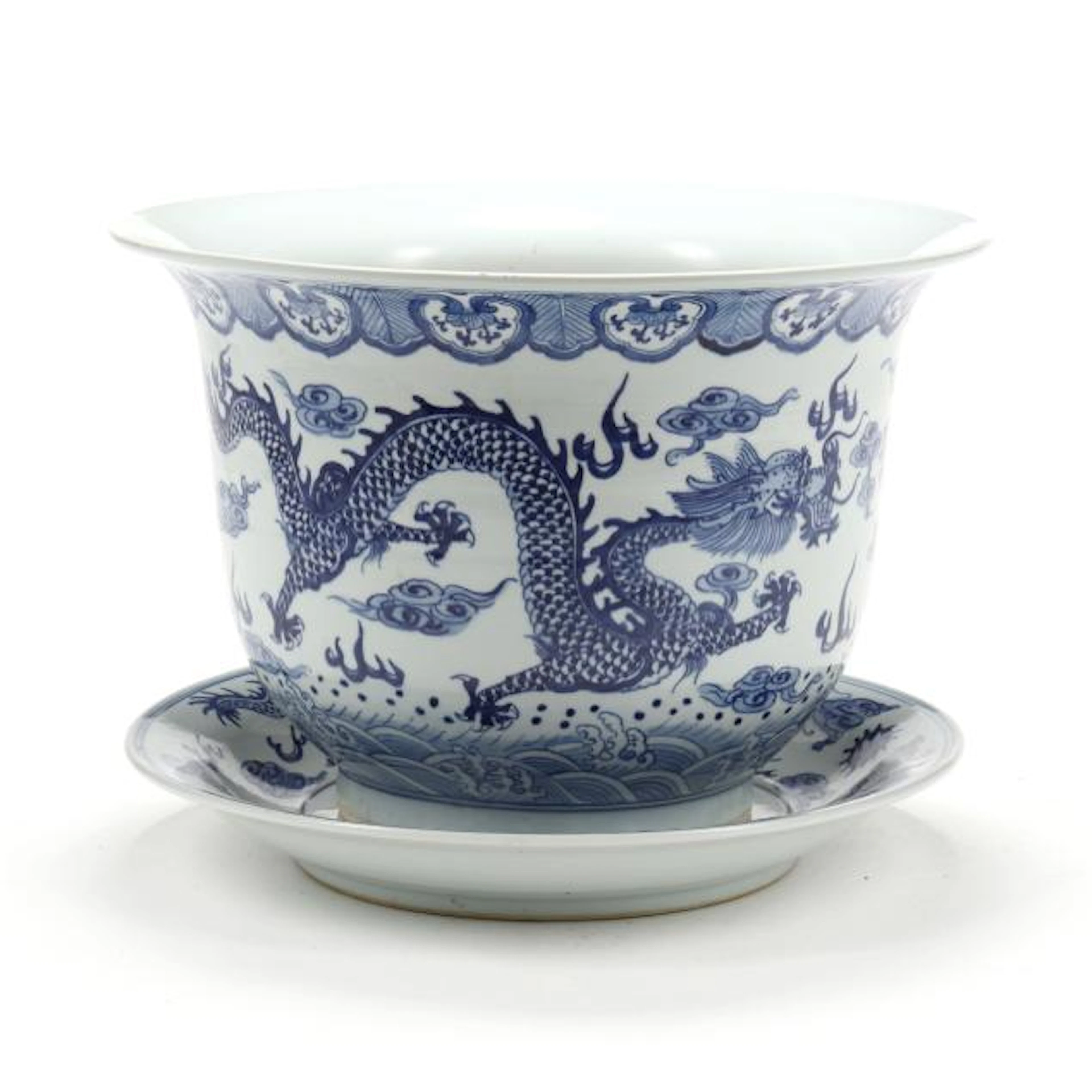 A Large Chinese Blue and White Dragon Jardiniere with Underplate