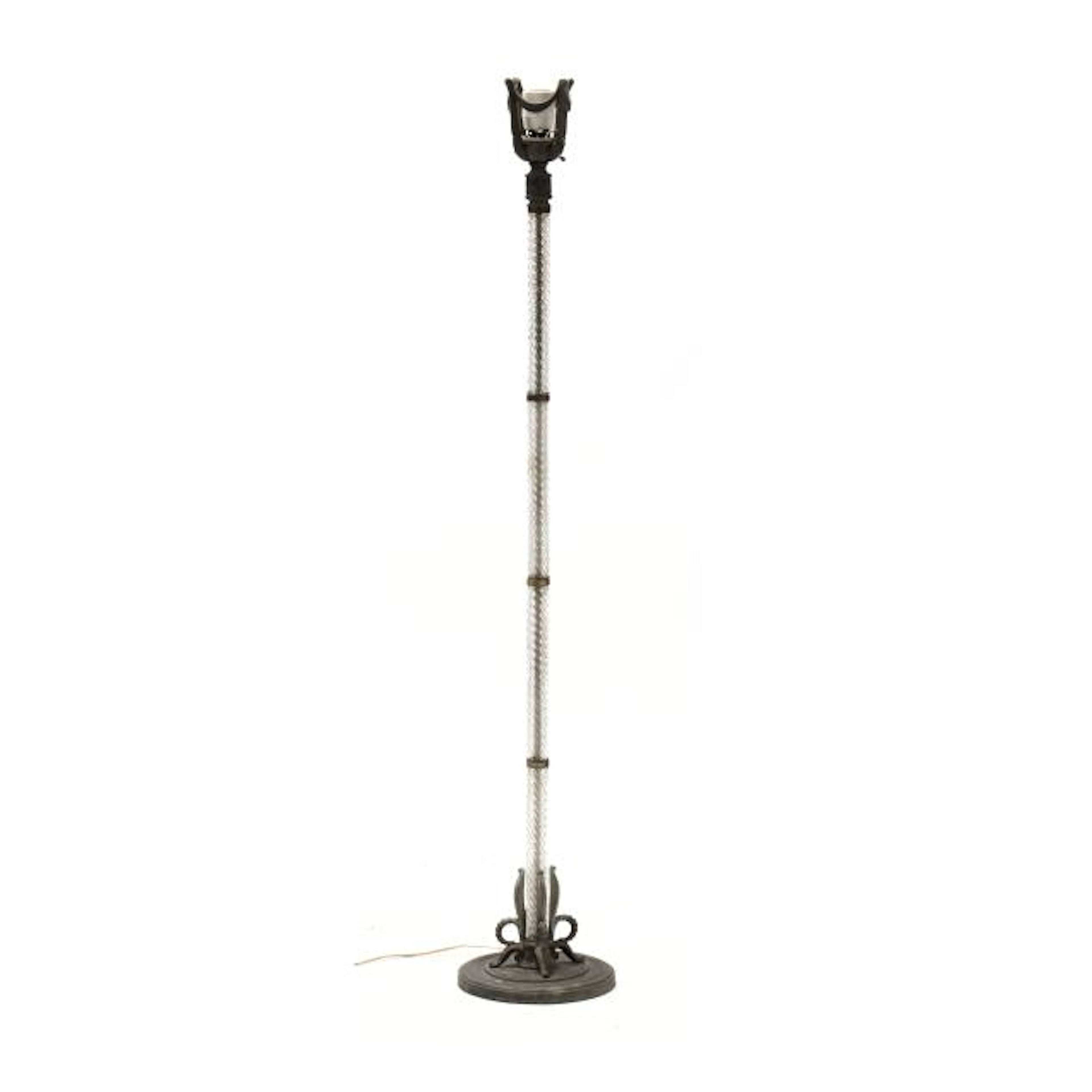 A Vintage Art Deco Glass and Patinated Metal Floor Lamp