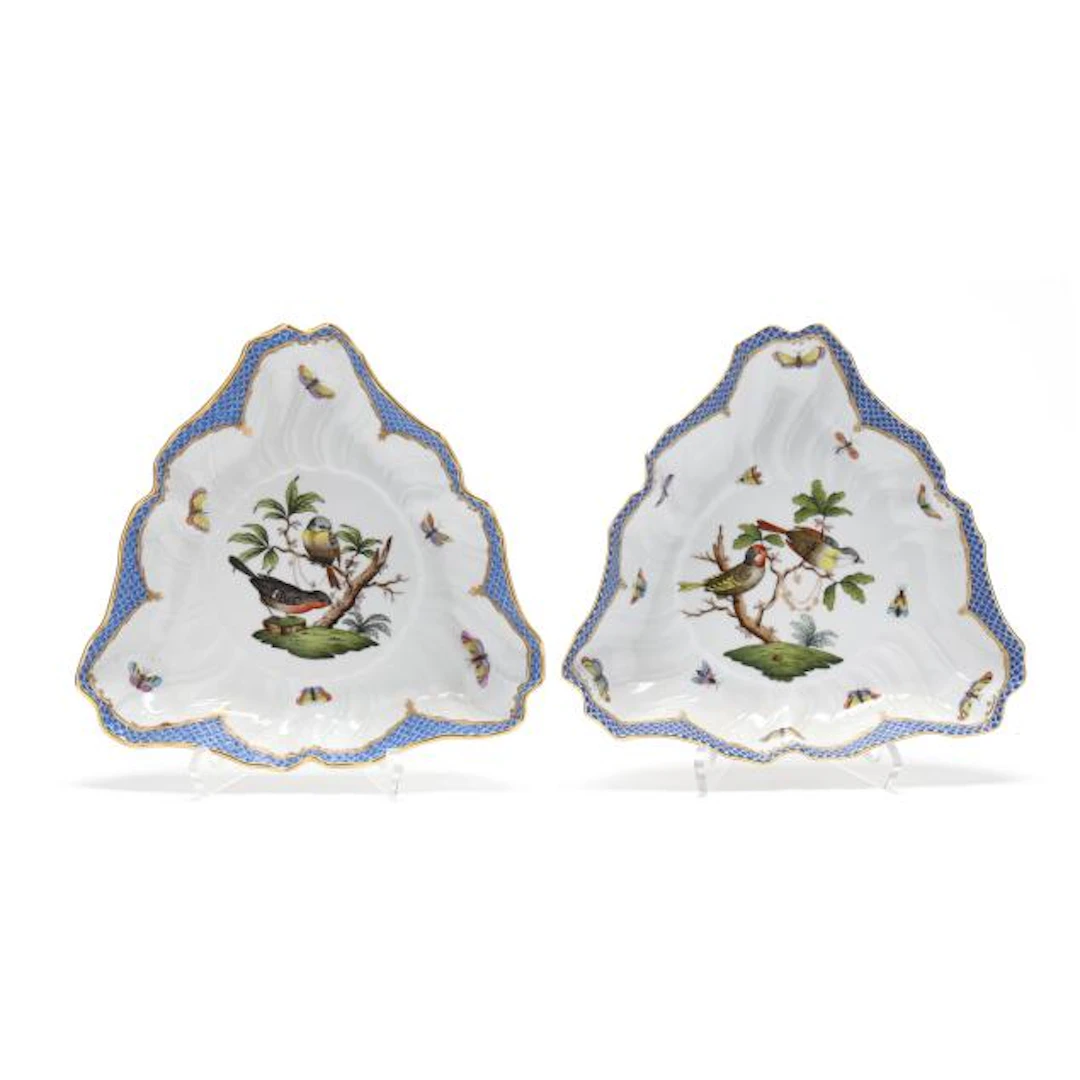 Pair of Herend Rothschild Bird Blue Border Triangular Vegetable Bowls