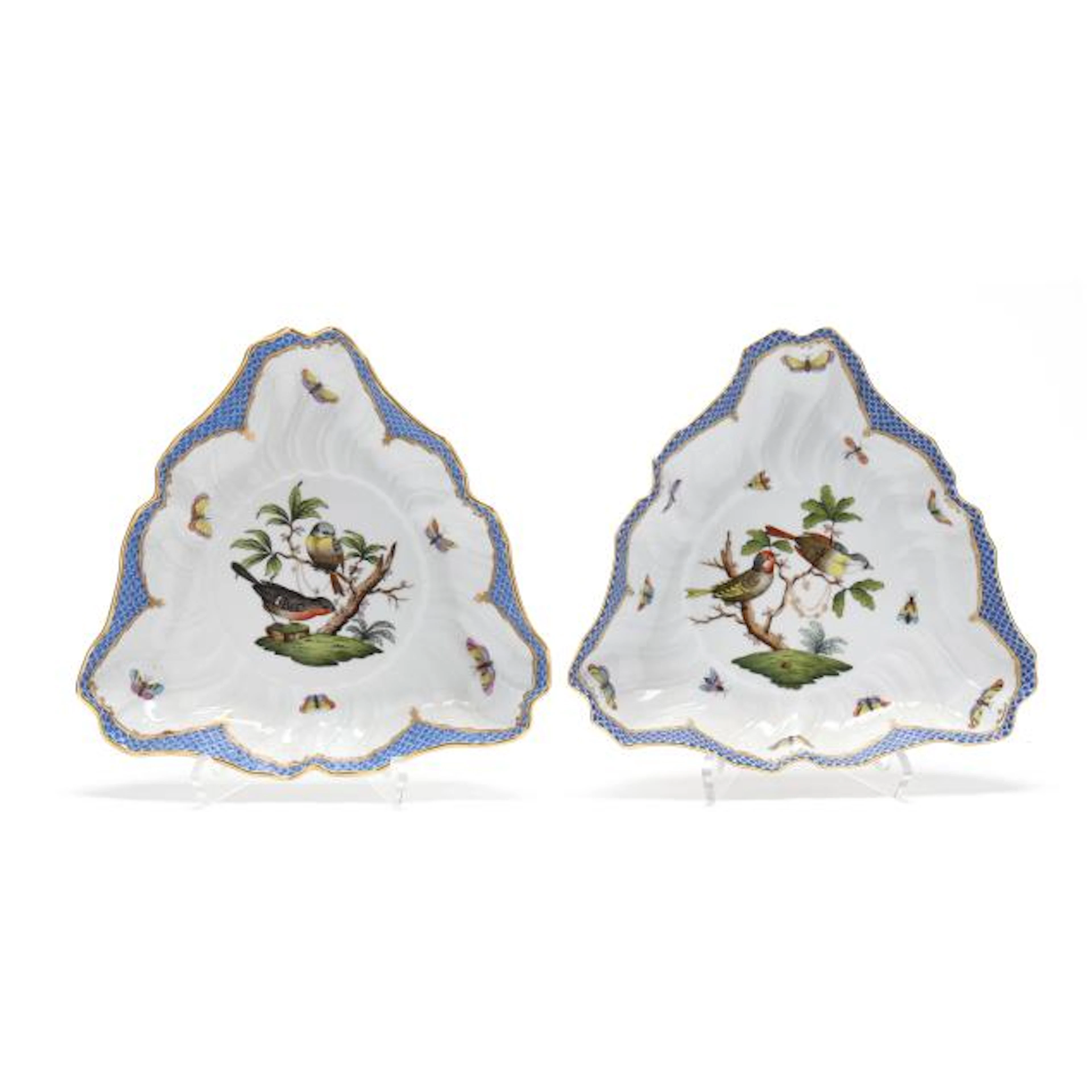 Pair of Herend Rothschild Bird Blue Border Triangular Vegetable Bowls