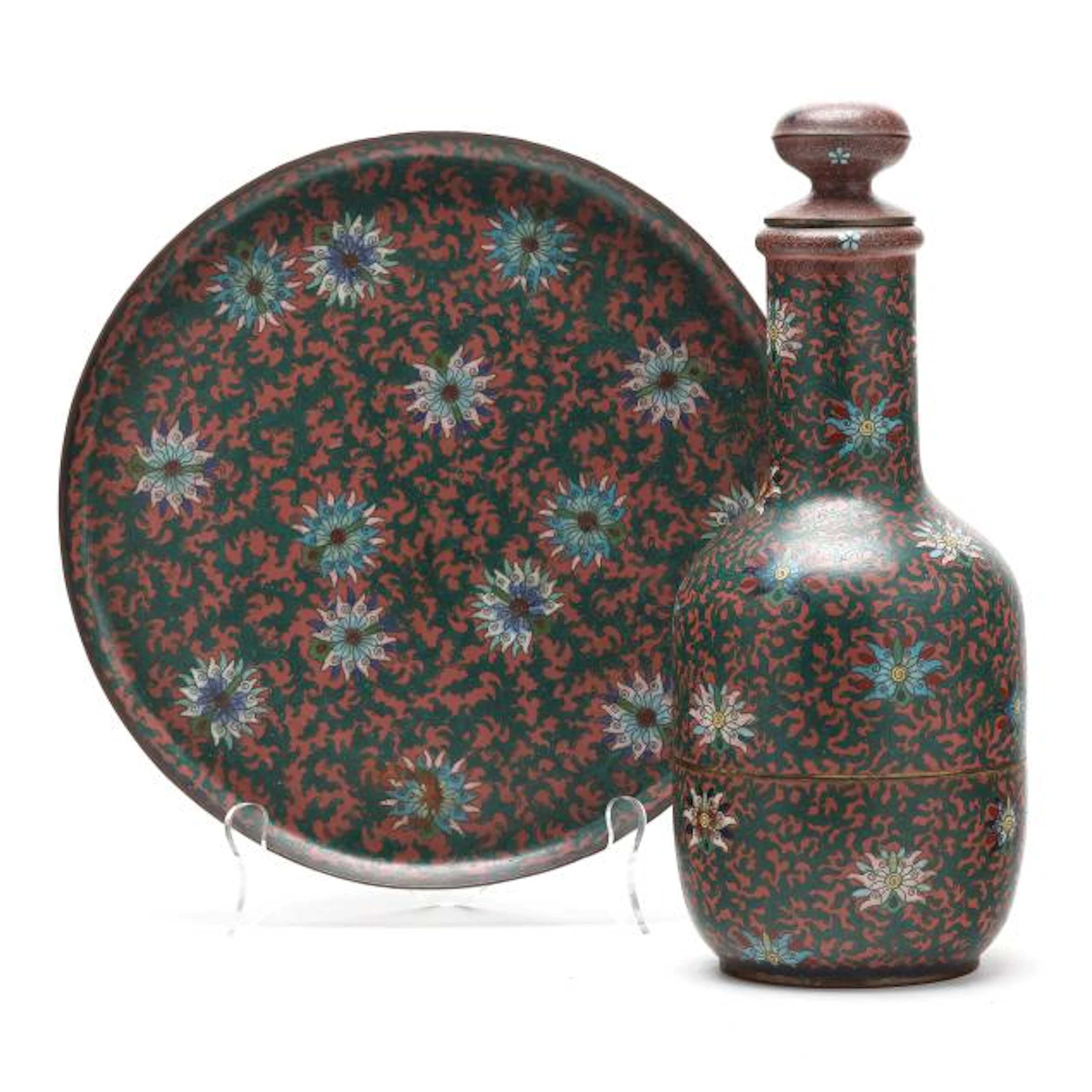 A Japanese Cloisonne Lotus Decanter and Circular Tray