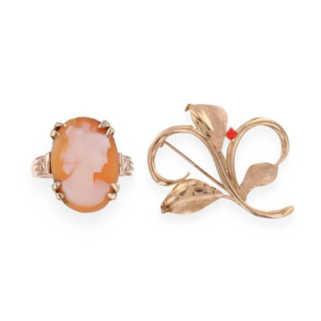 Vintage Gold and Coral Foliate Motif Brooch and a Gold and Shell Cameo Ring