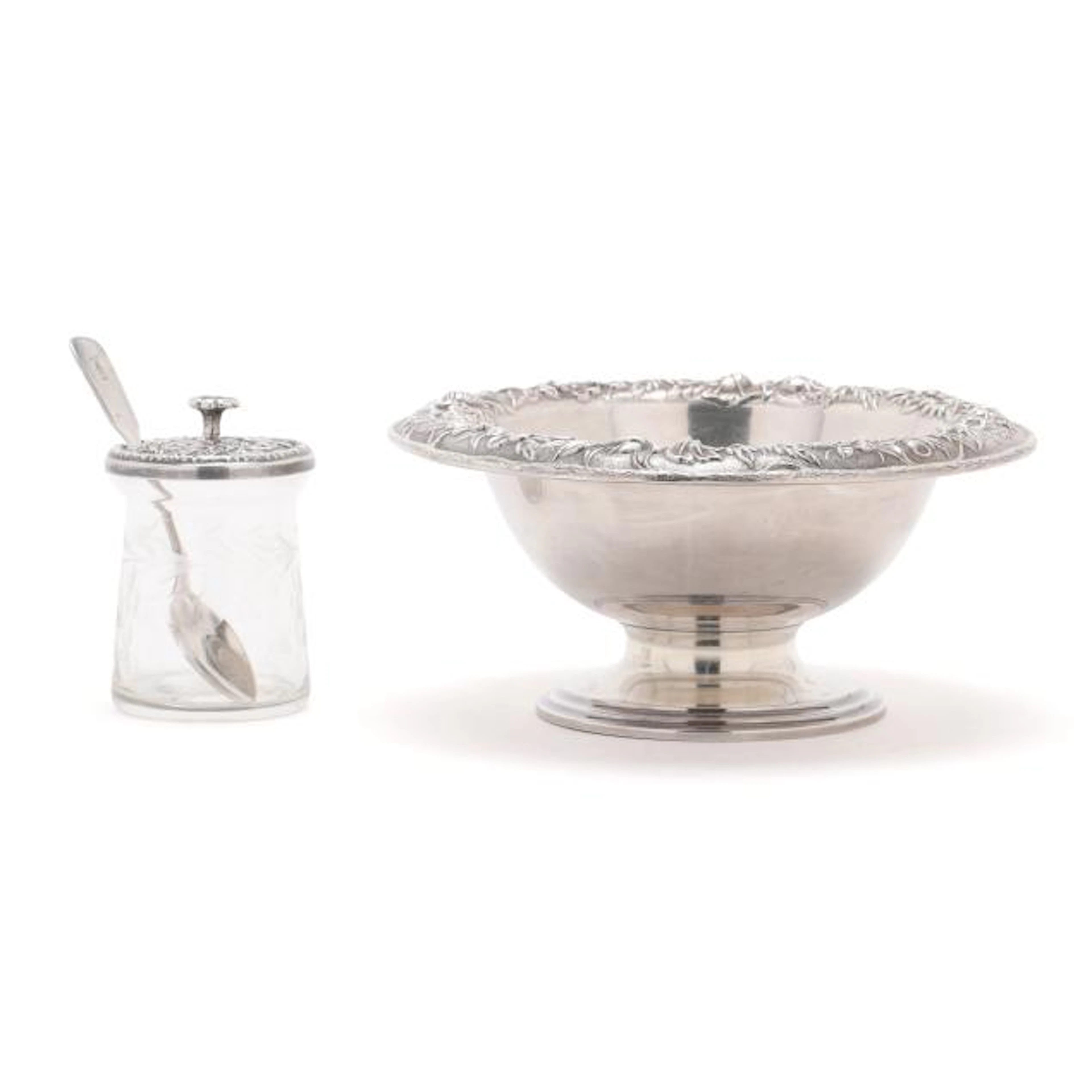 S. Kirk & Son Inc. Repousse Sterling Silver Mayonnaise Bowl and Condiment Jar