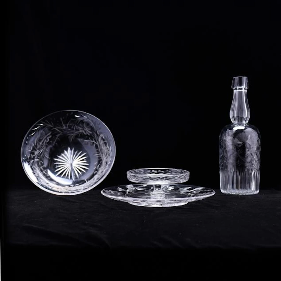 Three Pieces of Vintage Engraved Glass Serving Ware