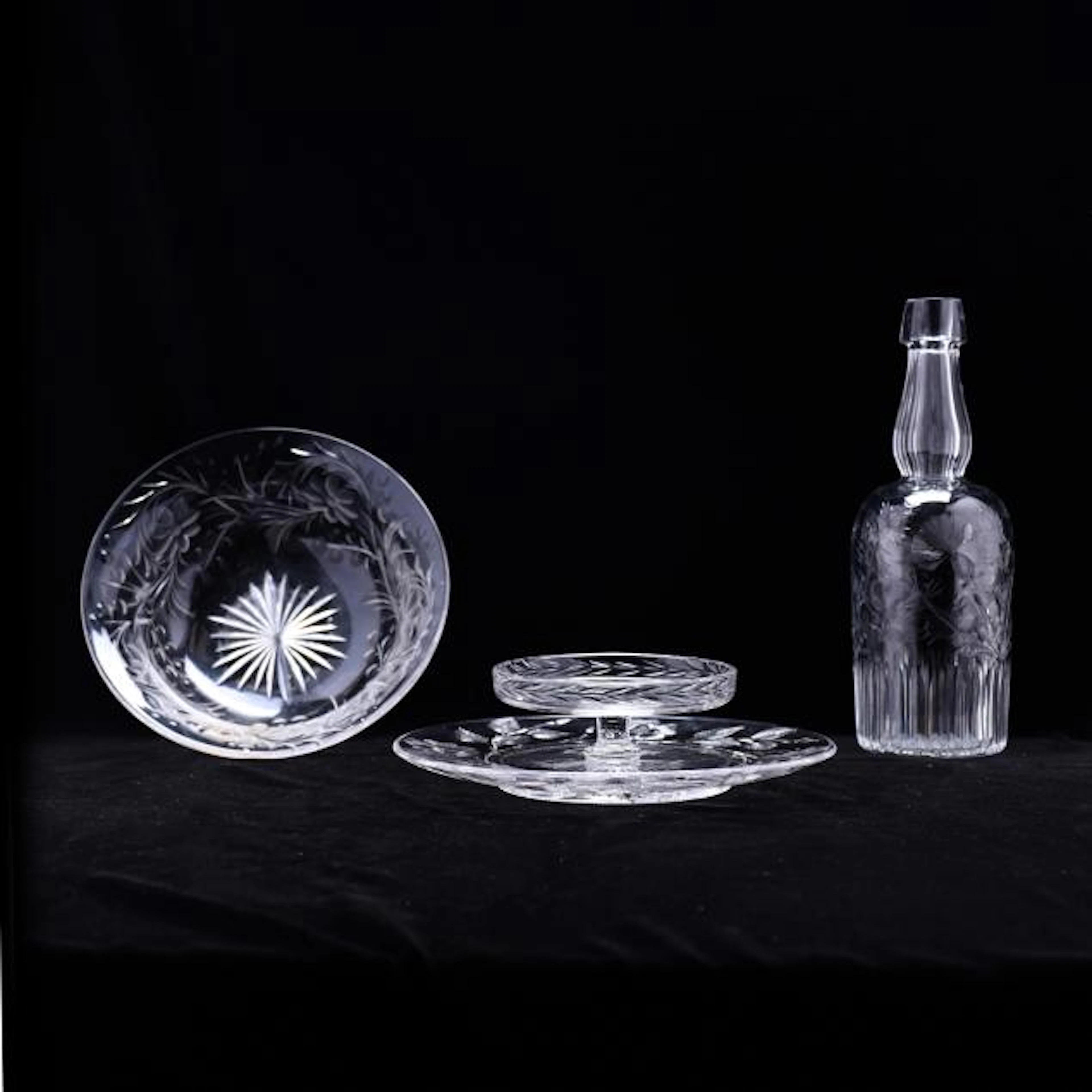 Three Pieces of Vintage Engraved Glass Serving Ware