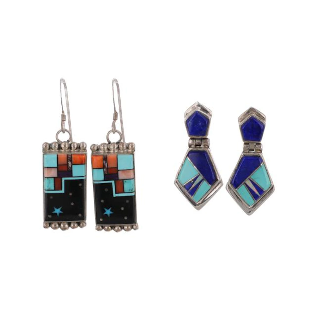 Two Pairs of Navajo Silver and Inlaid Earrings, Signed