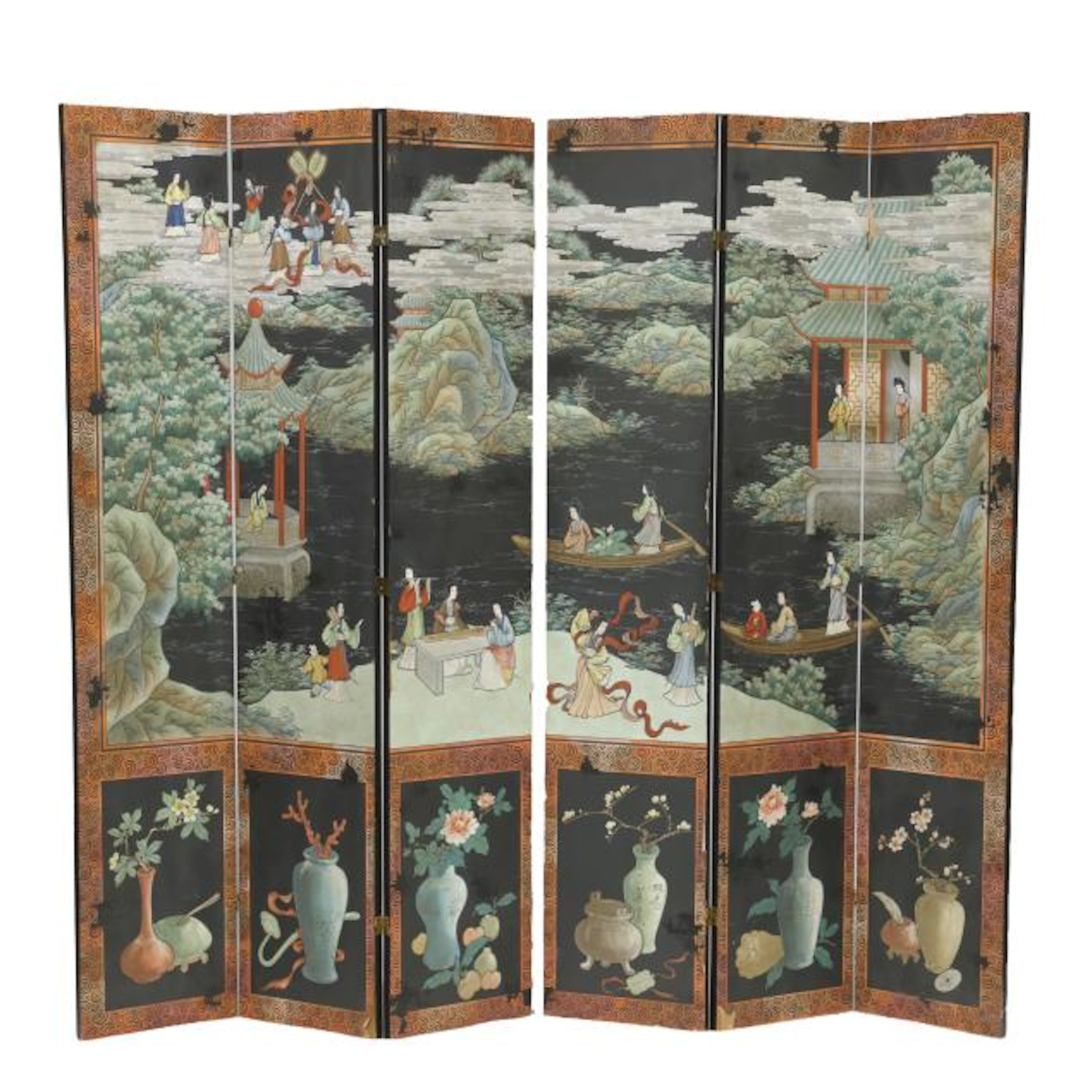 A Tall Chinese Style Six-Panel Painted Floor Screen